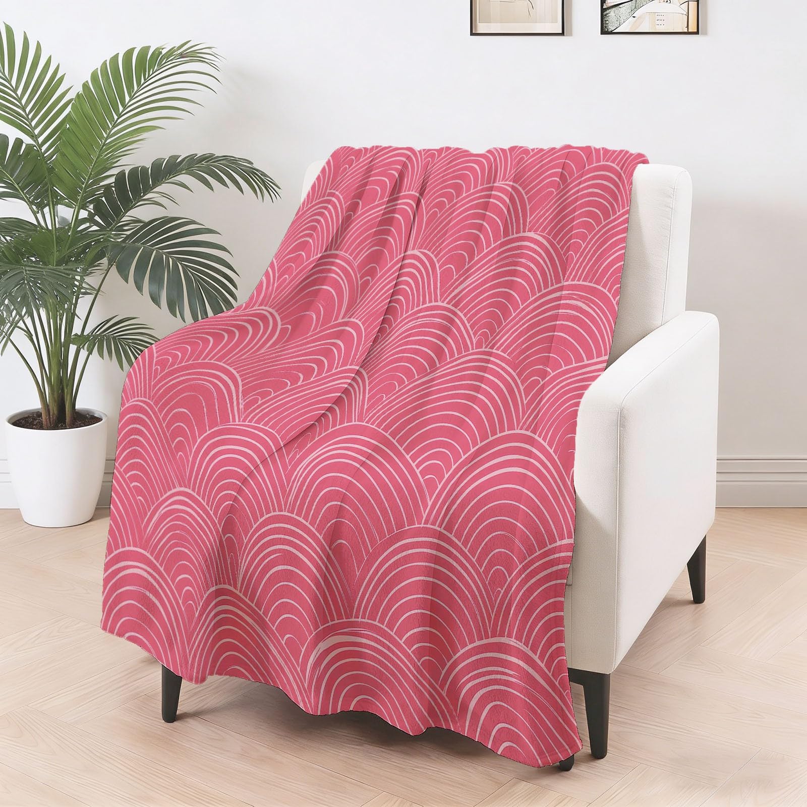 Minimalistyczny koc flanelowy, miękki i puszysty koc w kratę różowe fale, na każdą porę roku koce z nadrukiem różowy z nadrukiem na sofę fotel do łóżka, 150x200 cm