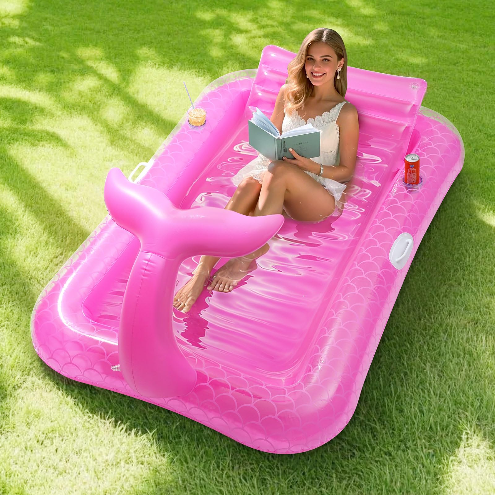 MoKo Inflatable Mermaid Tanning Pool Lounge Float, 71" x 47" Large Suntan Tub Raft Floaties, Tanning Pool with Pillow, Personal Sunbathing Pools Tan Lounger Floats for Adult Water Party, Pink
