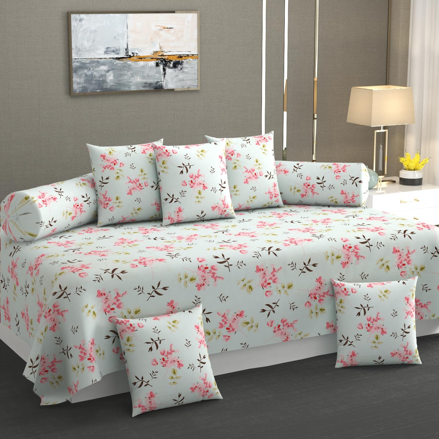 TIB® Waterproof Diwan Bed Cover 8 Piece Set, Bedsheet (152x228 cm), 2 Bolster Covers (40x78 cm), 5 Cushion Covers (40x40 cm) Wrinkle-Free Design. (Leaf Brown) (Flower Grey) (Flower White)-image-24