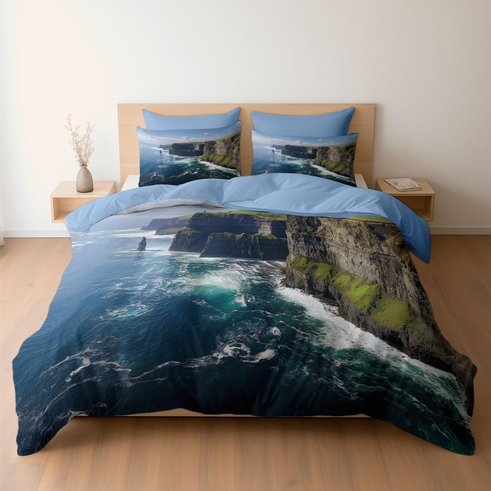 Housses de couettes 140x200cm bleu ciel paysage naturel avec taies 65x65