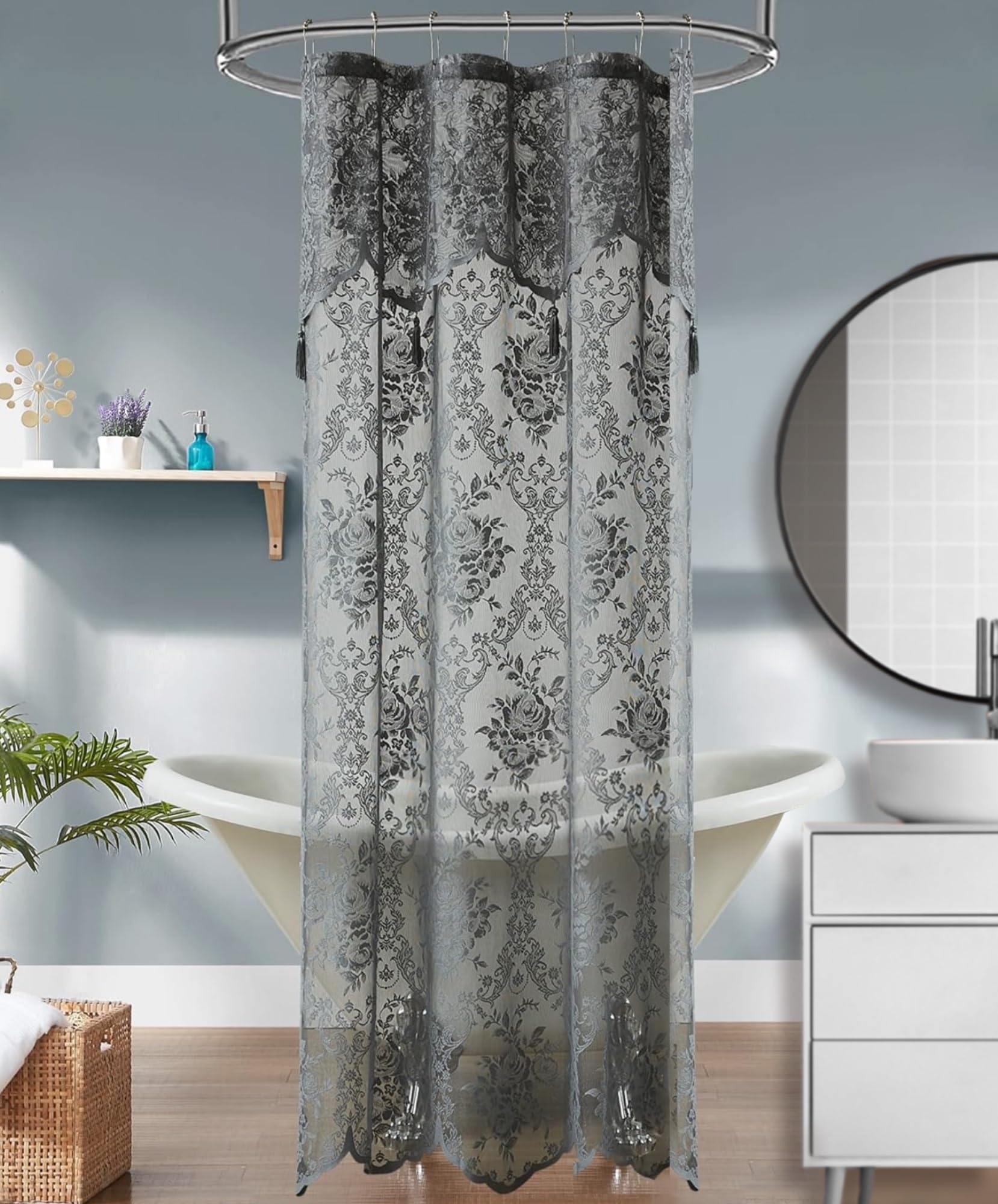 Warm Home Designs Gray Stall Shower Curtain 36 x 72 Inches with Attached Valance & 4 Tassels. Luxury Lace Small Shower Curtain for The Bathroom or RV