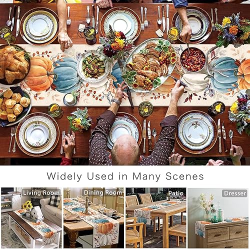 Miniatura 3 de Camino de mesa de otoño de Acción de Gracias, calabazas de otoño, acuarela, hojas de eucalipto, mantel de lino de algodón, decoración de mesa de