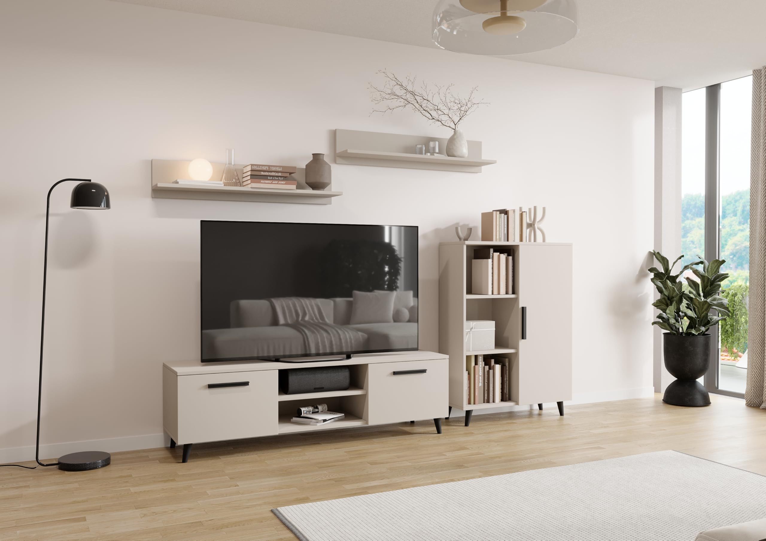 MATKAM Wohnzimmermöbel-Set Oslo, 4-teilig, 1 x TV-Kommode H47x B150 x T40 cm, 1 x Wohnzimmerkommode H112 x B80 x T30cm, 2 x Hängeregale H20 x B100 x T20 cm (Kaschmir)
