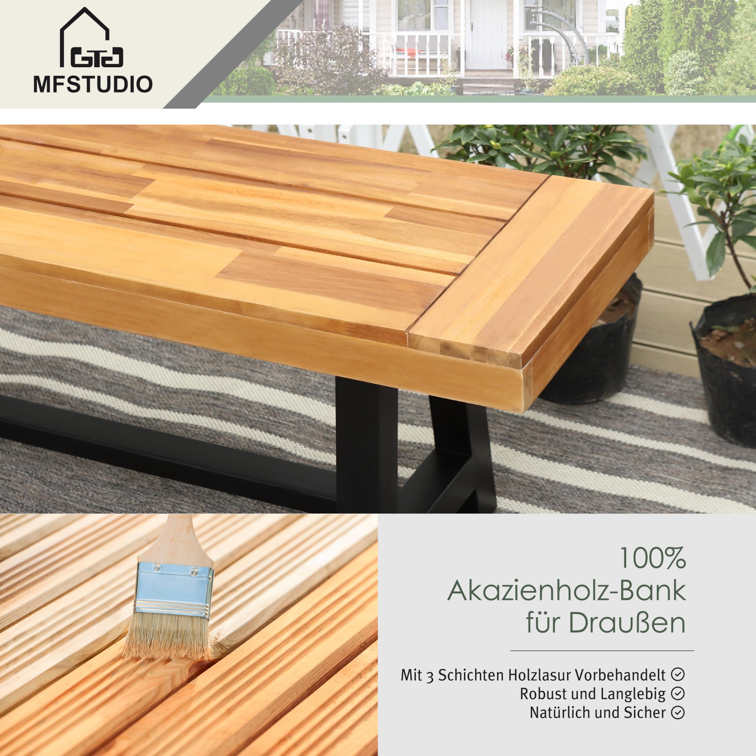 MFSTUDIO Gartenbank Wetterfest 3 Sitzer, 100% Akazienholz Parkbank | Akazienholz, 160 × 36,5 × 45 cm, Platz für 2–3 Personen, Modernes Design, Einfache Montage, Langlebig