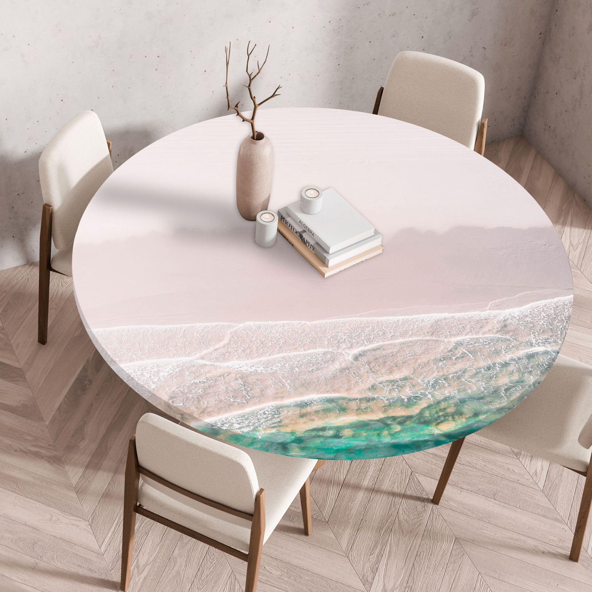Tischdecke Rund 110 cm Beige Pink Beach Gartentischdecke Wetterfest Elastisch Abwaschbar Runde Tischdecke Outdoor Indoor Wiederverwendbare Table Cloth für Garten Restaurant