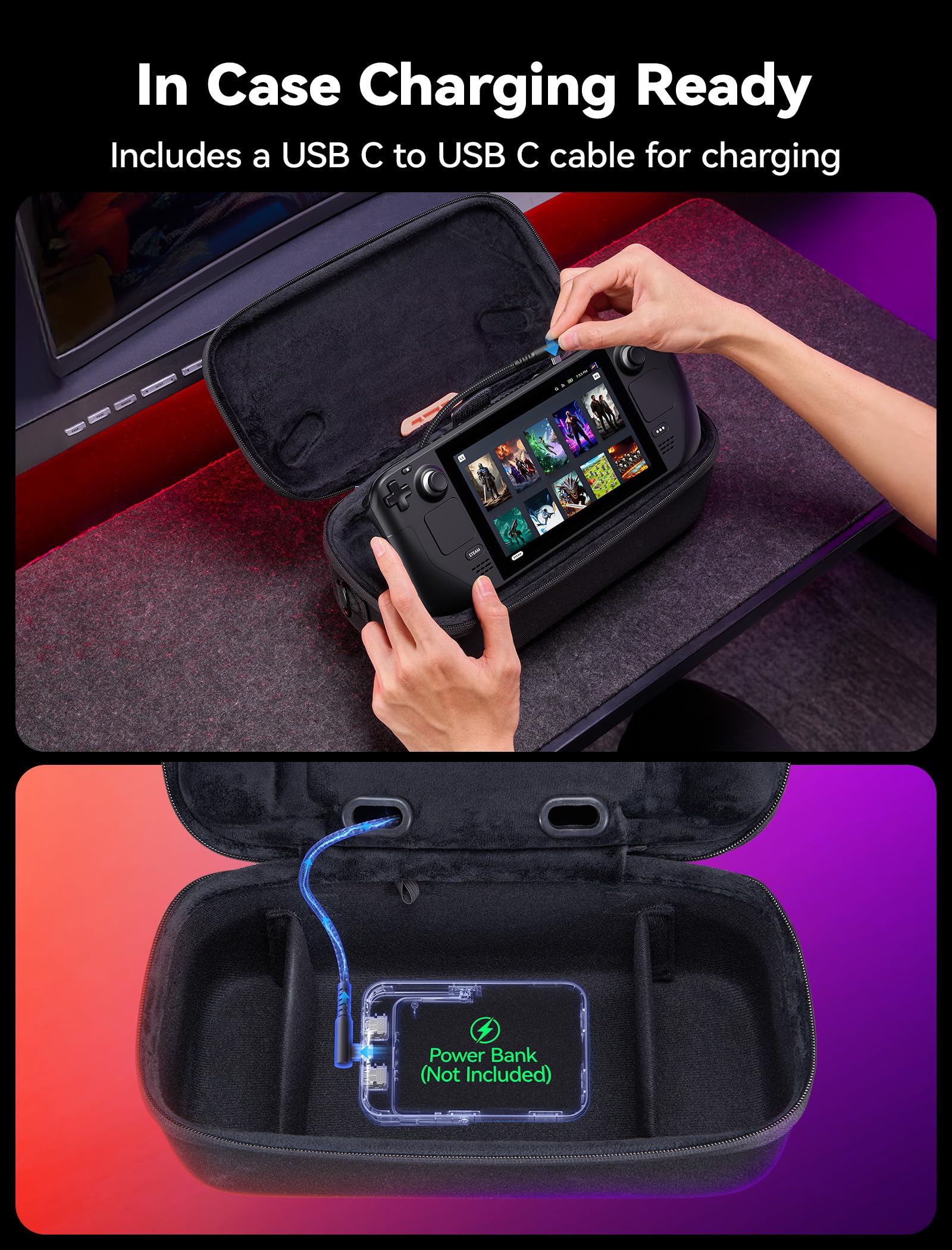 JSAUX Carry Case for Steam Deck and Steam Deck OLED, Dual Layer Travel Case with Built in Cable Port, Right Angle USB C Cable Included, Large Capacity, Fits Charger and Accessories - 5