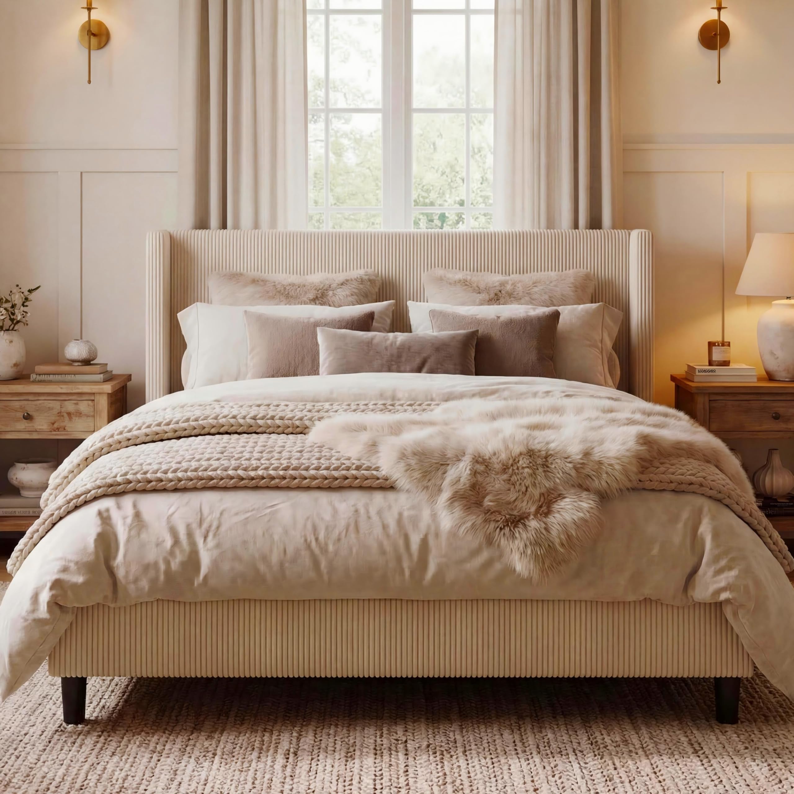 IDEALHOUSE Queen Size Upholstered Platform Bed Frame with Storage Drawers Corduroy Wingback with Tufted Headboard and Footboard No