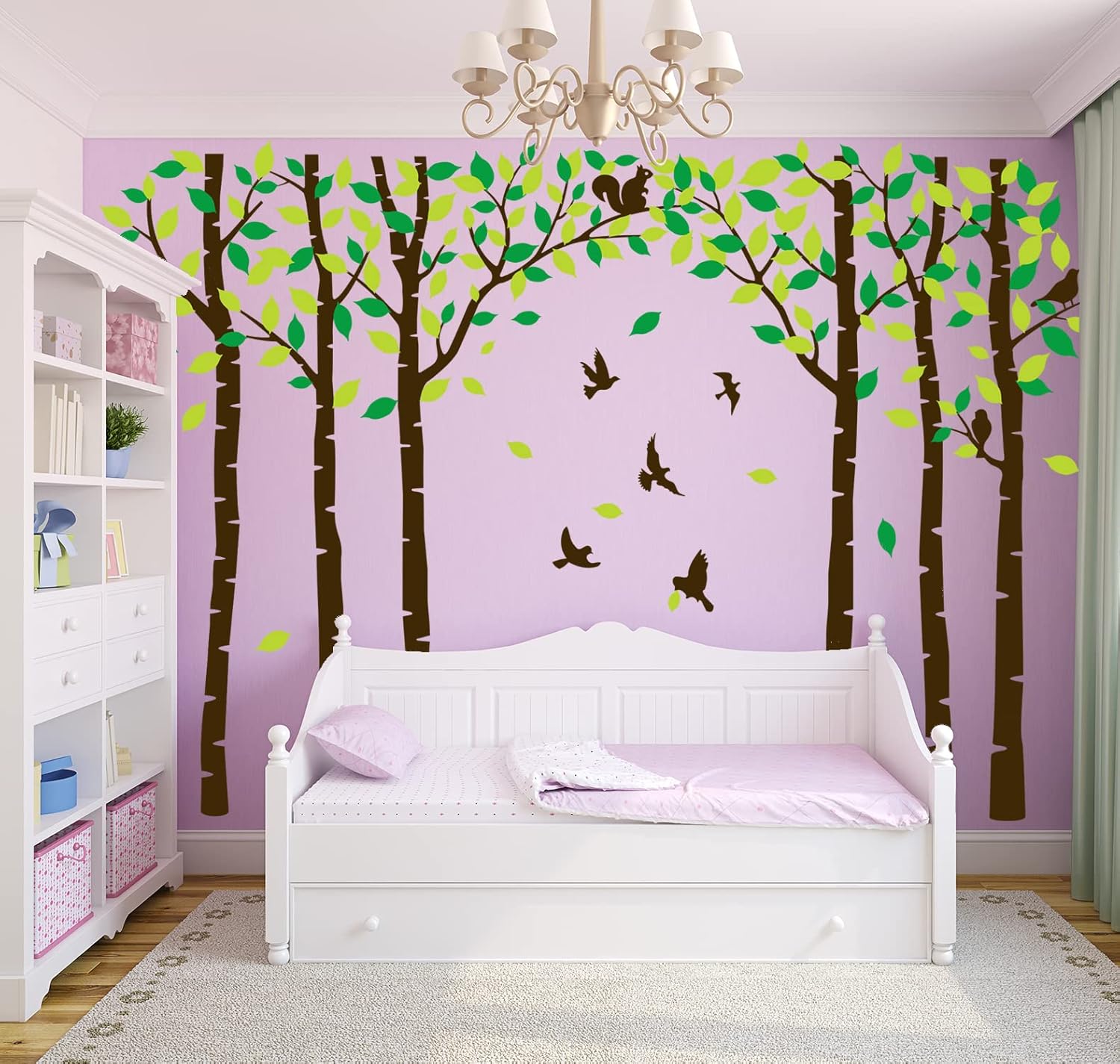 Giant Family Tree Wall Decals Forest Birch Tree Wall Stickers Birds Wall Art for Kids Room Nursery Bedroom Living Room Decoration(Dark Brown and Green)