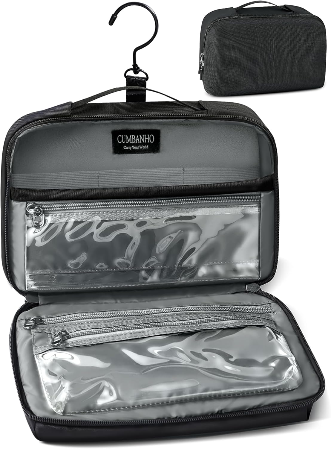Cumbanho Hanging Toiletry Bag for Men, Toiletries Travel Kit with 360° Swivel Hook, Water-Resistant Nylon Dopp Kit,Shaving Bag with Clear Pockets Used for Trip,Daily or Gift,Black