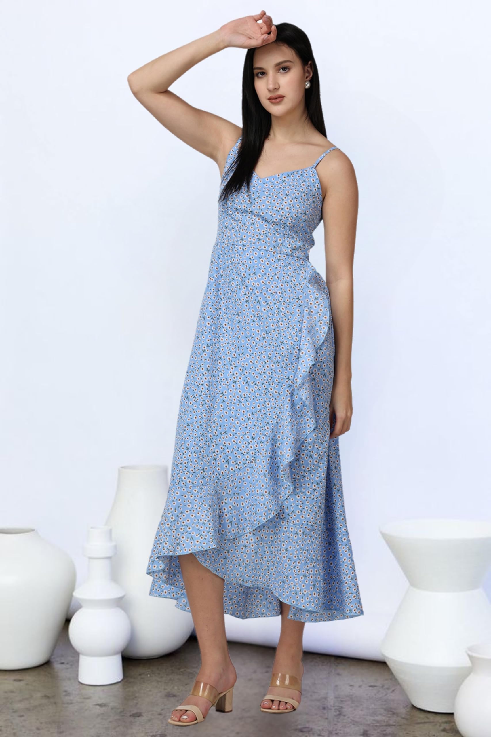 Popwings Casual Floral Printed Midi Frill Strap Dress For Women || Sleeveless Midi-Length Women Dress || V-Neck Maxi Dress For Women || Latest Stylish Western Summer Women Dress Blue