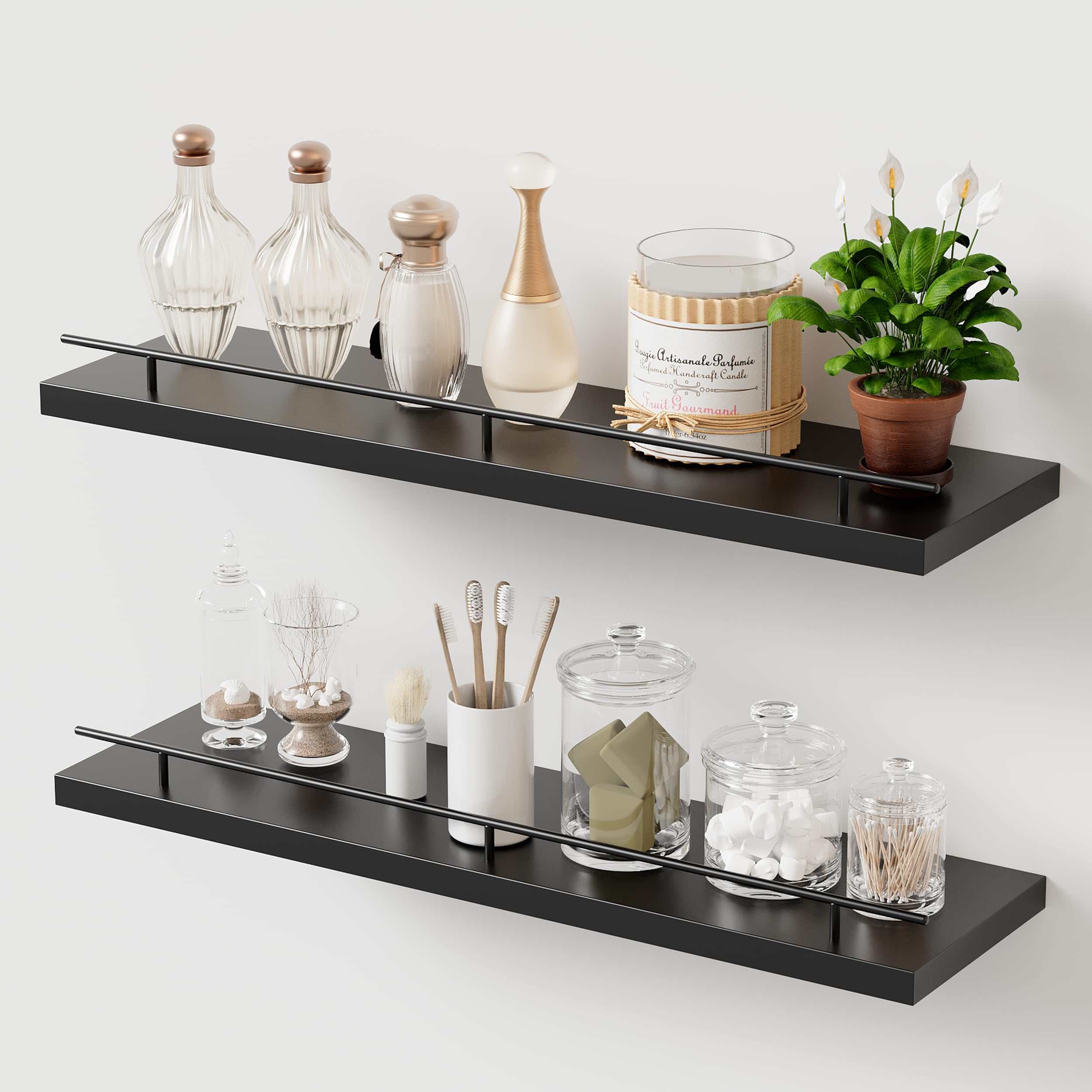 Senjie Floating Shelves for Wall,Large 24 Inch Shelf Set of 2,Wall Shelves for Bathroom,Bedroom?Kitchen,Living Room,Invisible Brackets,Black