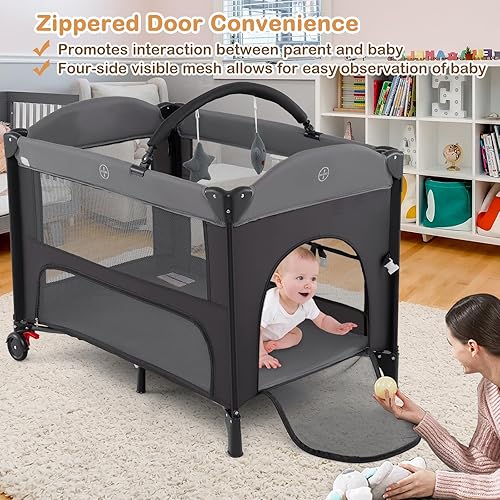 Miniatura 5 de HONEY JOY Pack and Play, cama 5 en 1 para bebé con moisés, toldo extraíble, cambiador de pañales, cremallera lateral, altura ajustable, cuna