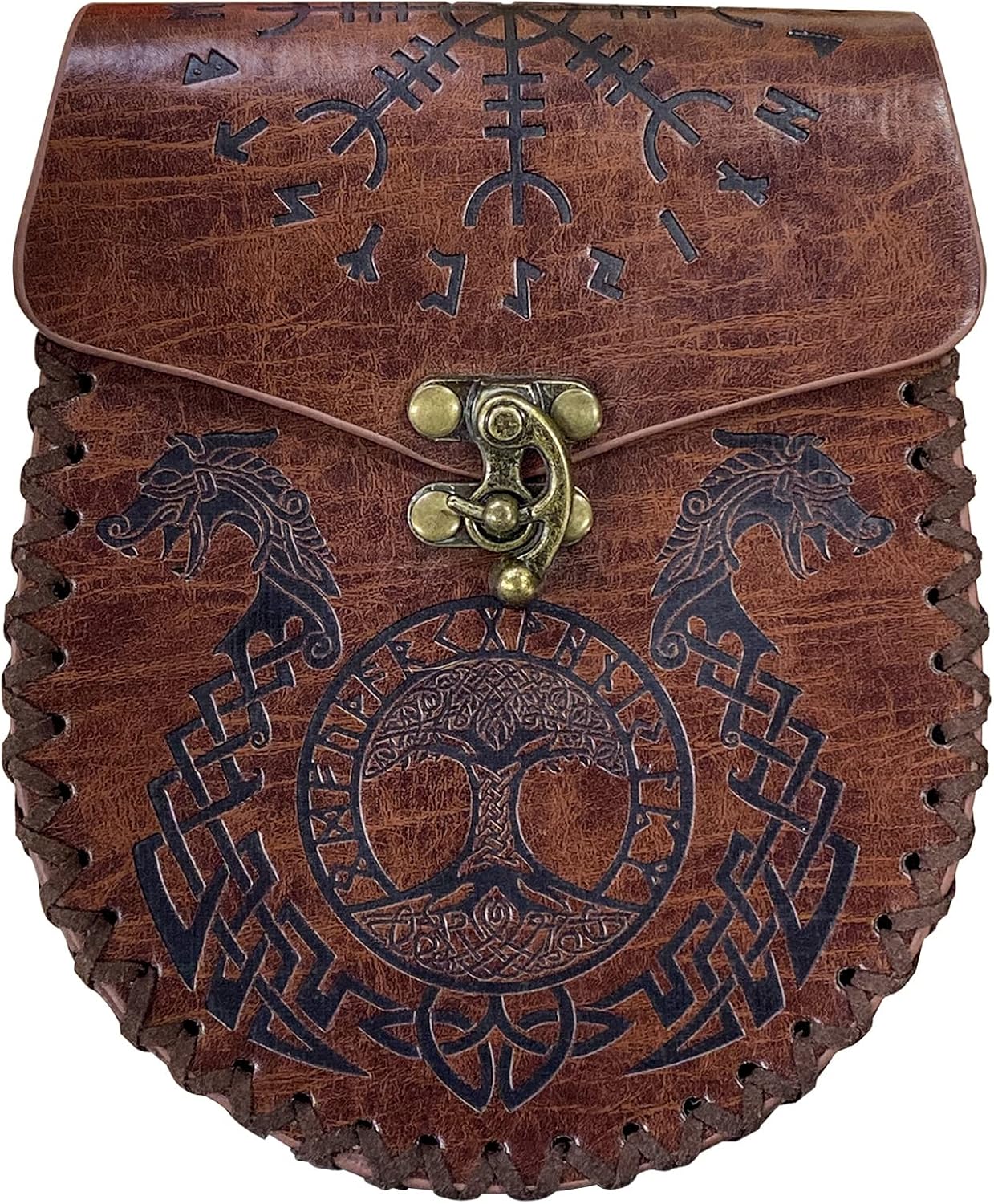 Nordic Embossed Belt Pouch - Renaissance Costume Accessories LARP Waist Bag Cosplay Coin Purse Retro Medieval Brown Leather Side Pack Vintage Portable Belt Bag For Halloween