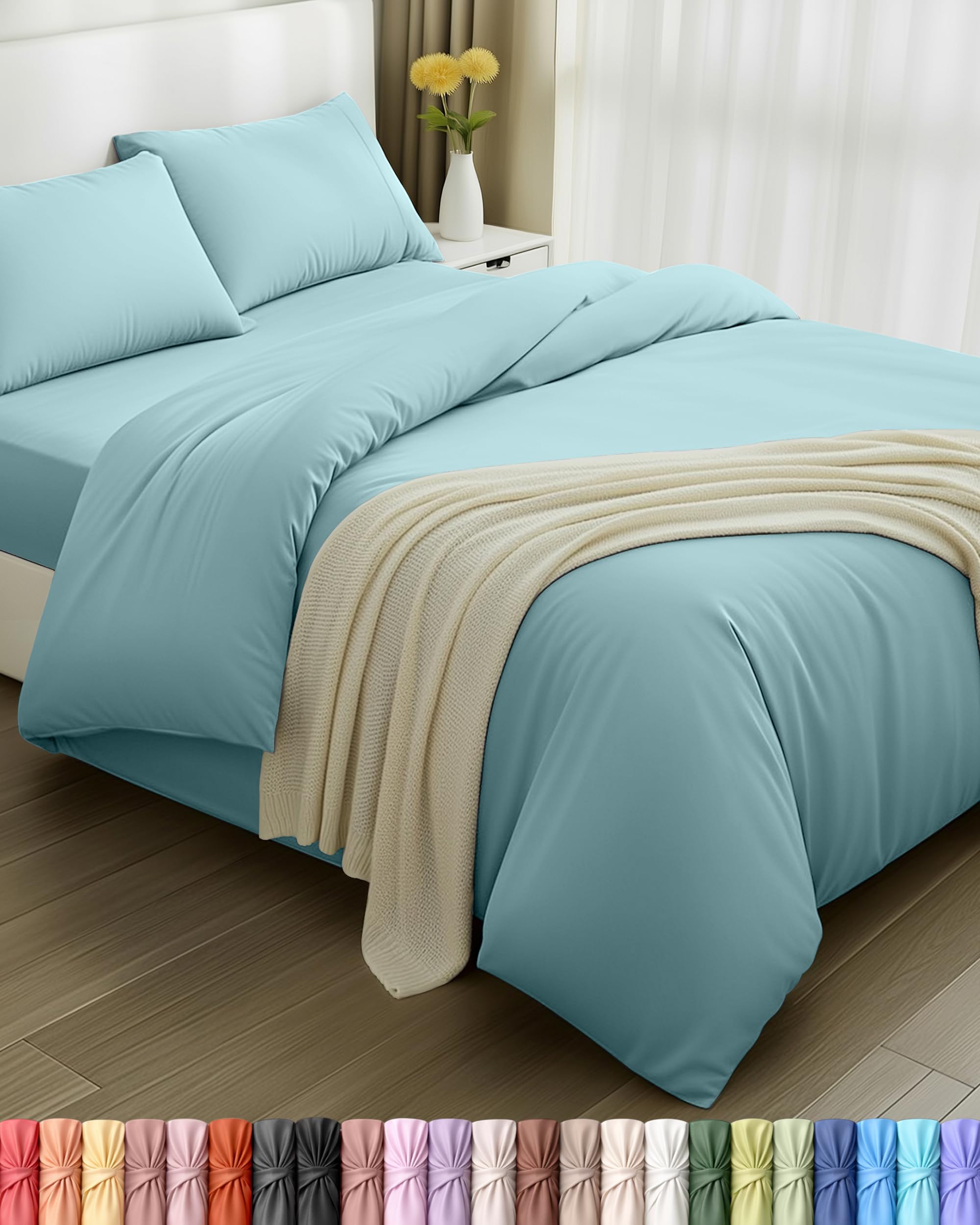 Utopia Bedding Spa Blue 4 Piece Double Bedding Set - Duvet Cover, Fitted Sheet With Pillow Cases - Soft Brushed Microfiber (Spa Blue)