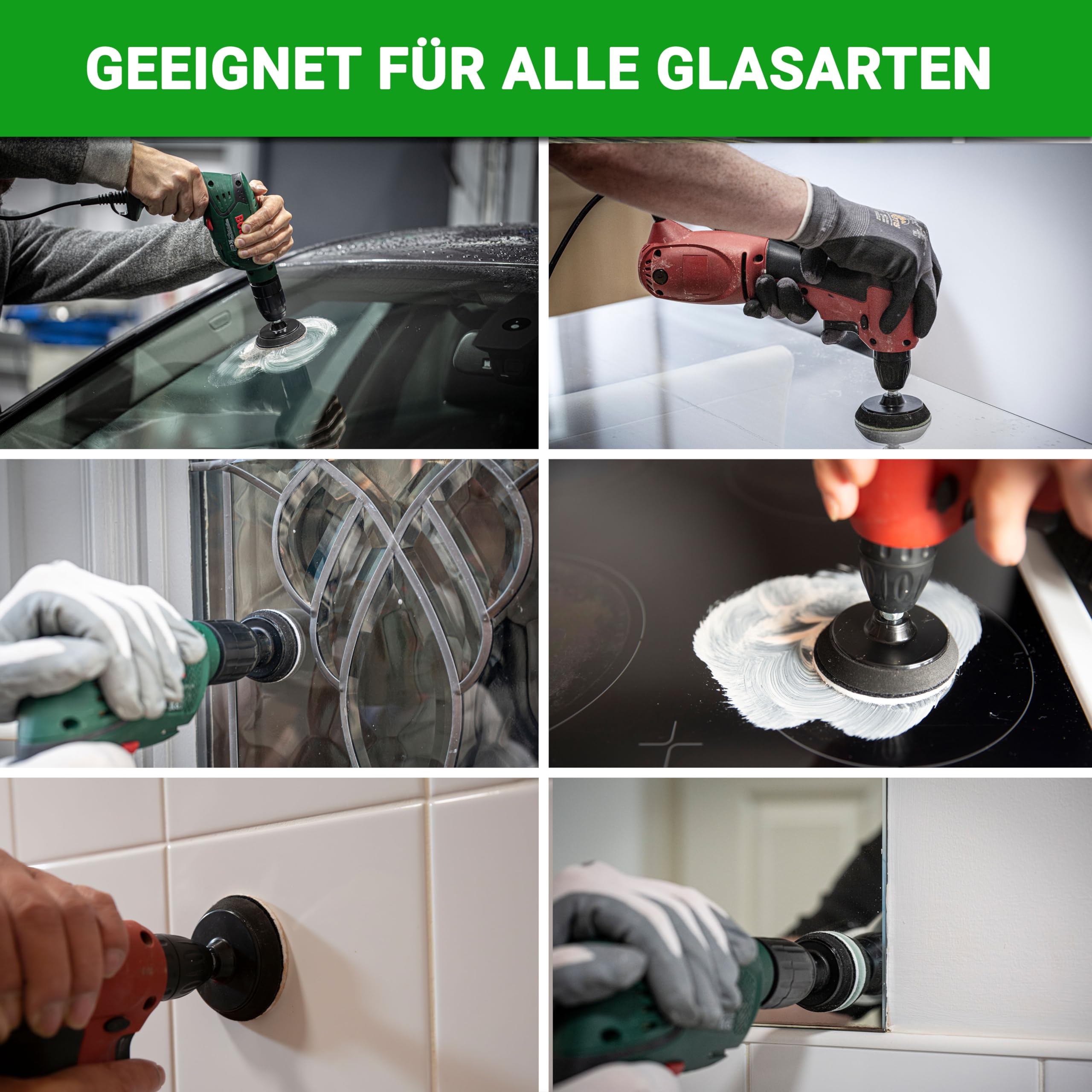 Glass Polish 21002 Glas Polieren Do-it-yourself-Glaspoliturkit für den Do-it-yourself-Gebrauch auf allen Glasoberflächen – Ø 75 mm mit Bohraufsatz