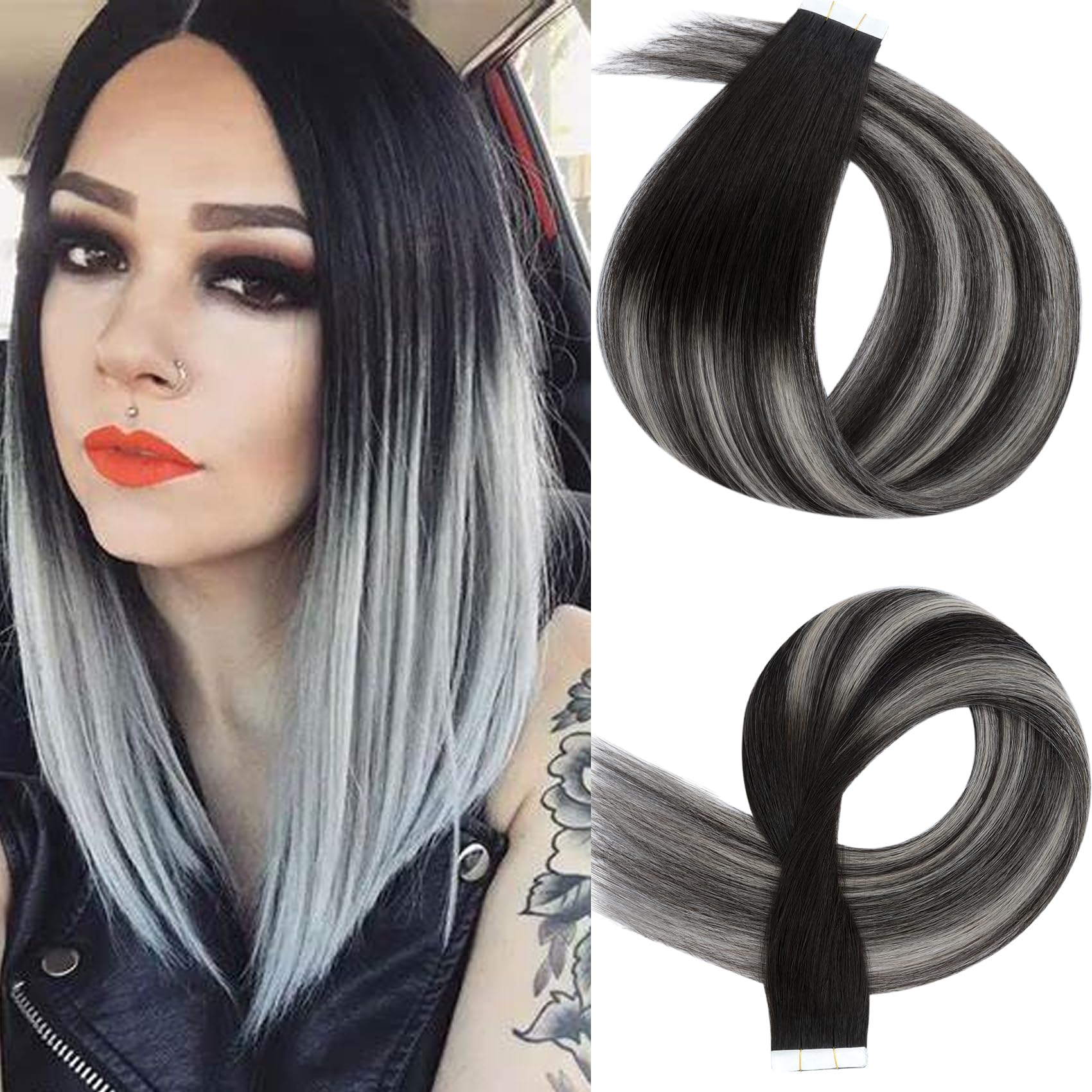 Silk-co Real Remy Tape in Straight Human Hair Extensions Balayage Seamless Tape on Hair Extension Straight Human Hair 12 Inch (10PC-20g)#1BT1BPGREY Natural Black Ombre Natural Black & Grey