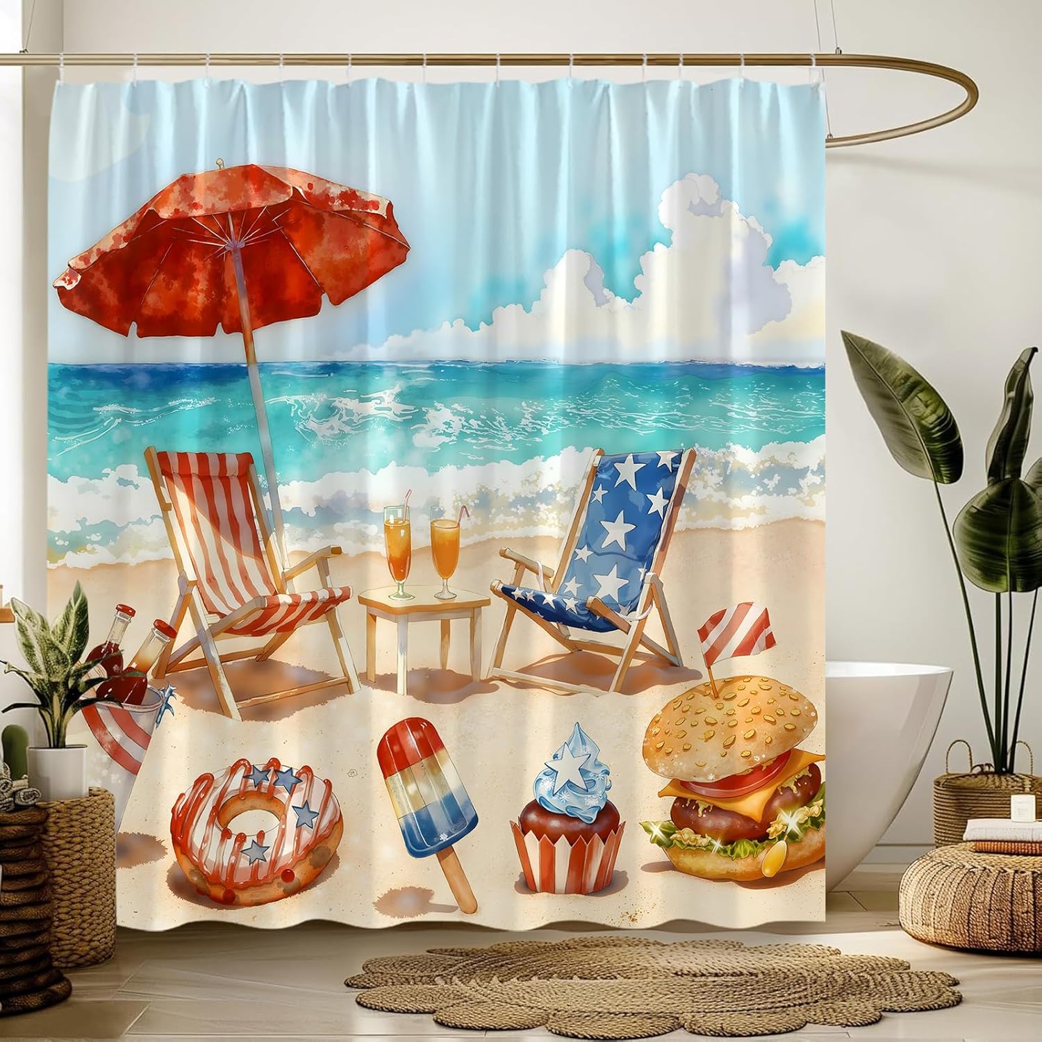 Ocean Beach Shower Curtain Tropical Summer Patriot July 4th Retro Watercolor Funny Fabric Bathroom Decor Sets with Hooks,71W x96H