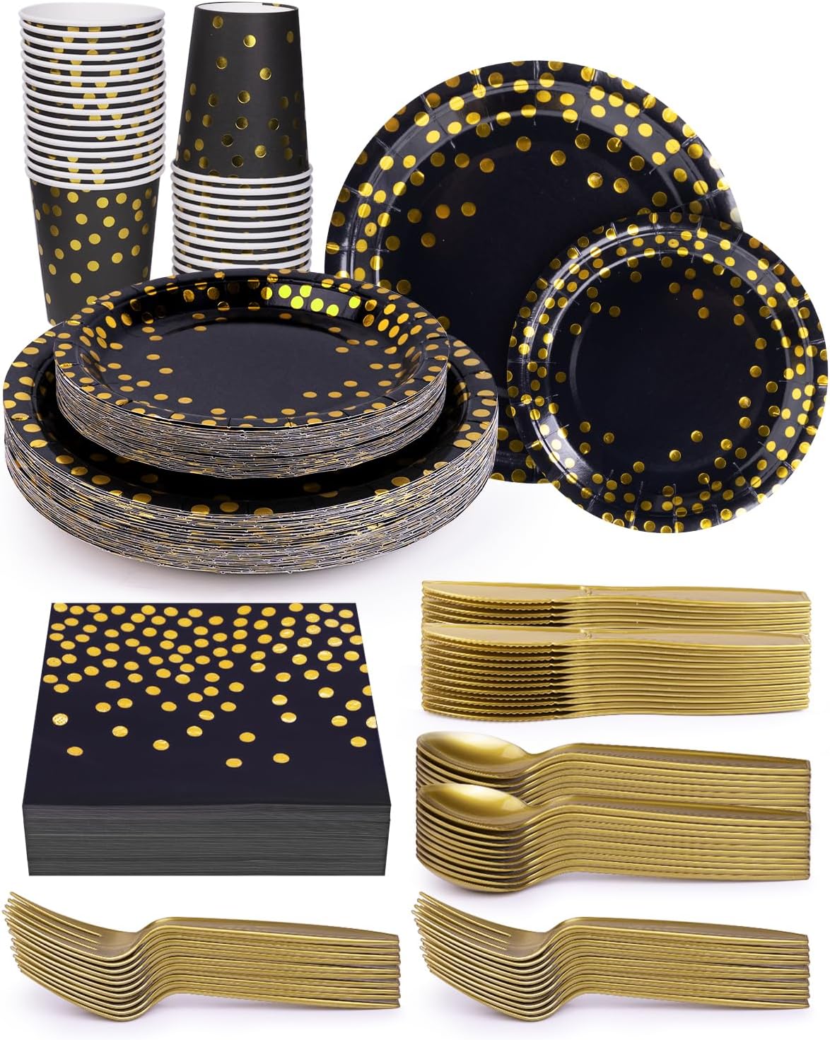 224 Pieces Party Supplies, Black and Gold Party Plates Cups and Napkins Sets with Plastic Knives forks spoons, Disposable Tableware Serves 32 Sets for Wedding, Birthday, Graduation, Festivals