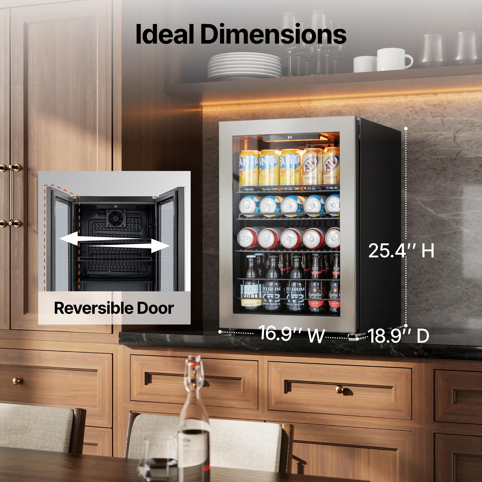Ca'Lefort Mini Fridge Beverage Cooler, 85 Can Beverage Refrigerator With Reversible Glass Door, Adjustable Shelves For Soda, Beer & Drinks, Digital Temperature Control For Dorm, Office & Home on Fridge.com - View 6