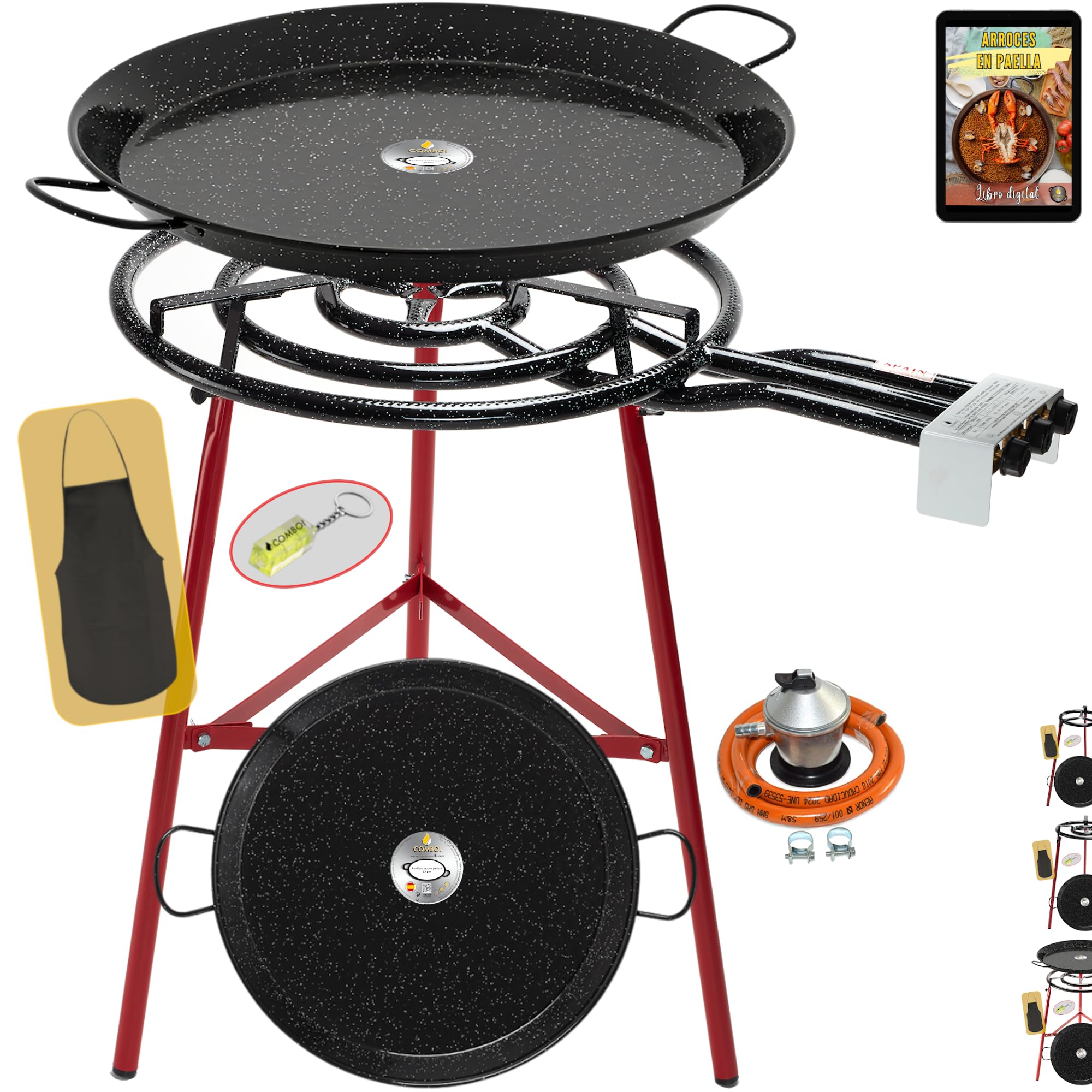 COMBOI Paellero gas butano 60 cm, Kit Quemador paelleras esmaltadas de 70 cm + 42 cm, Regulador de gas, Manguera, Soporte Patas reforzadas, nivel, delantal, Libro de Recetas digital