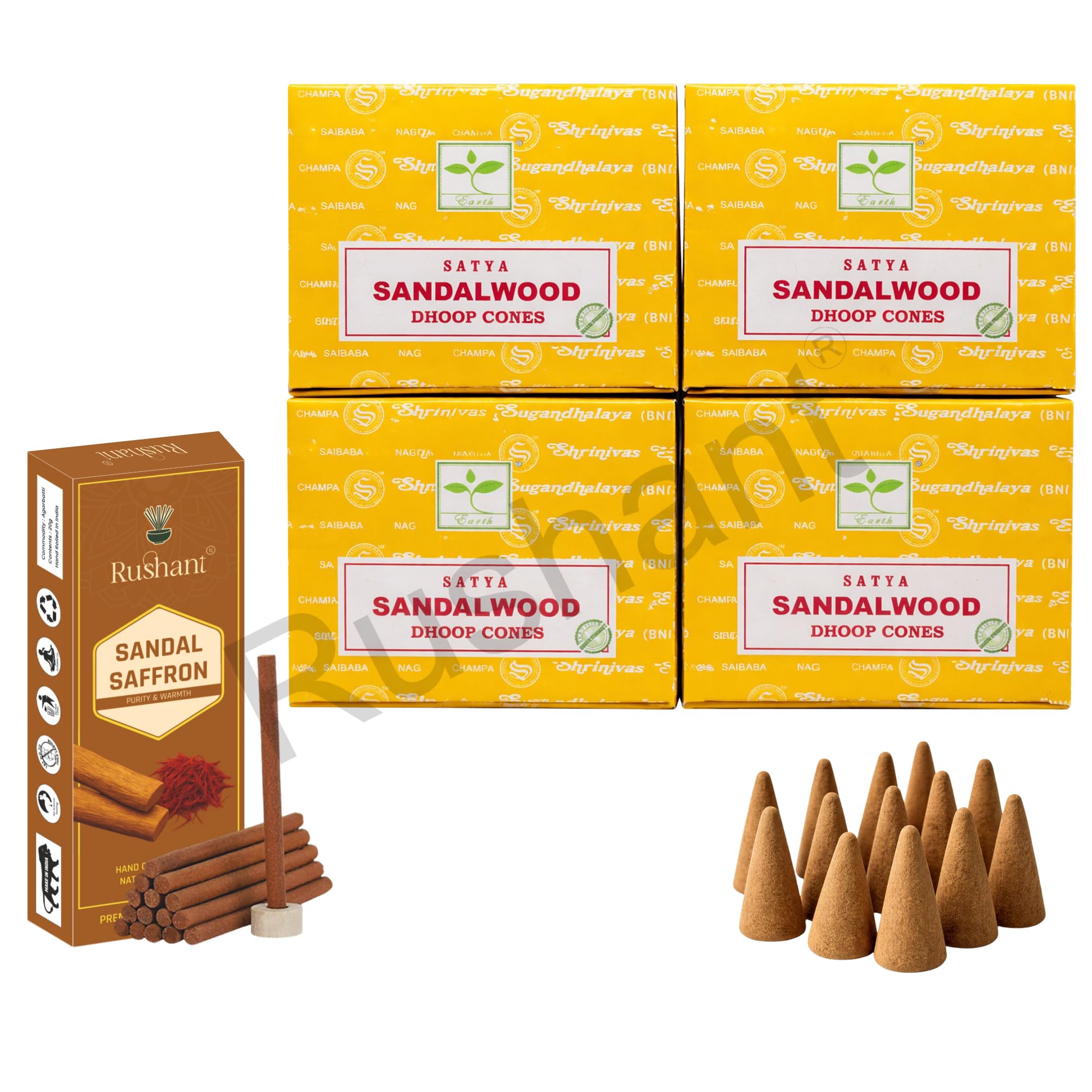 Satya Sandalwood Dhoop Cones with Stand, 4 Packs x 12 (48 Cones Total) + Rushant Sandal Saffron Dhoop Sticks (10) – Incense Set for Relaxation & Meditation