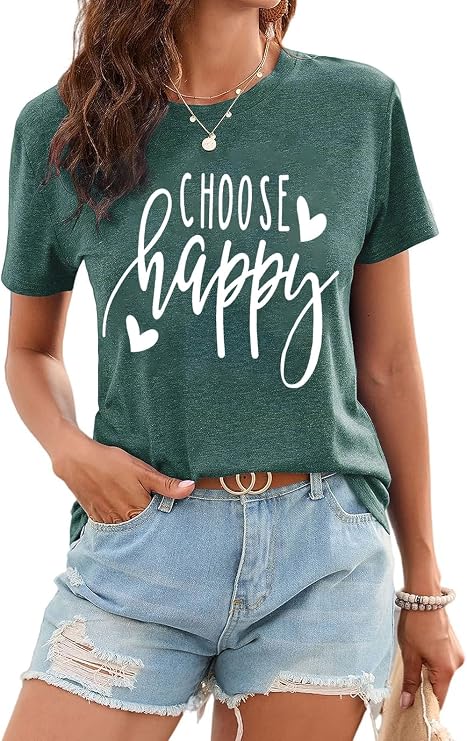 Cute Love Heart Choose Happy Letter Print Graphic Tee for Women
