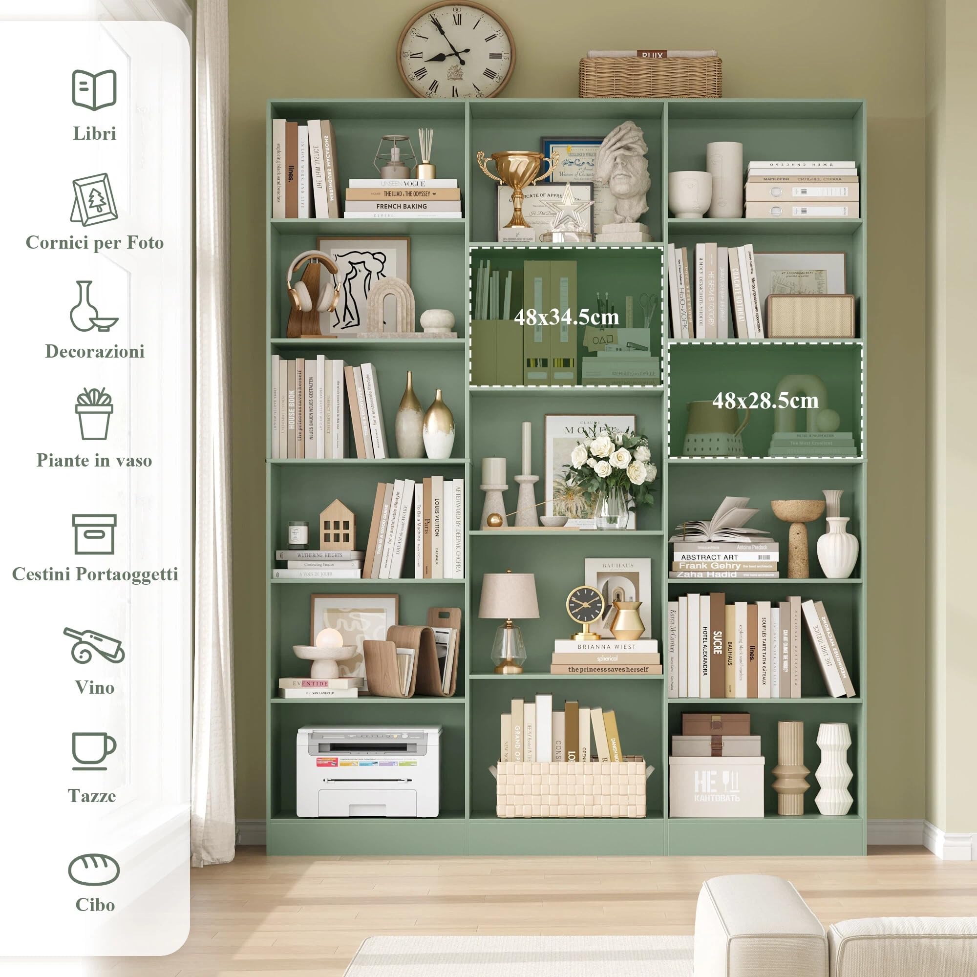 FirFurd 188cm di Altezza Libreria Scaffale, Libreria da Parete a 17 Scomparti Aperti, Scaffale Portaoggetti Aperto, Vetrina, Porta CD per Soggiorno, Studio, Ufficio, 149x23.5x188cm (Verde)