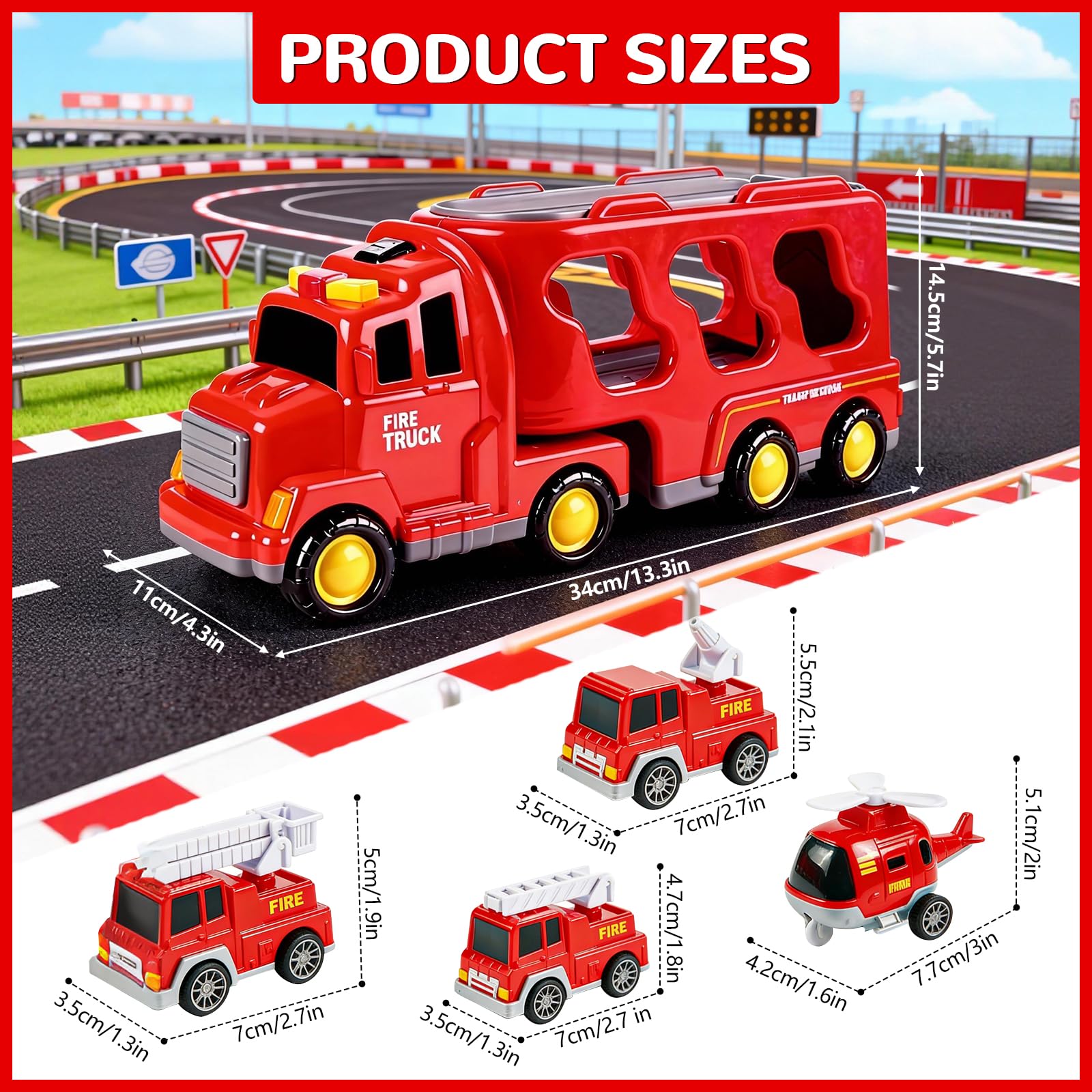 5 en 1 Camion Pompieri Giocattolo, Camion Trasportatore Macchinine con 4 Mini Camions dei Pompieri Camion dei Pompieri ad Inerzia avec Luci e Suoni Regalo per Ragazzi Ragazze di 3 4 5 6 anni