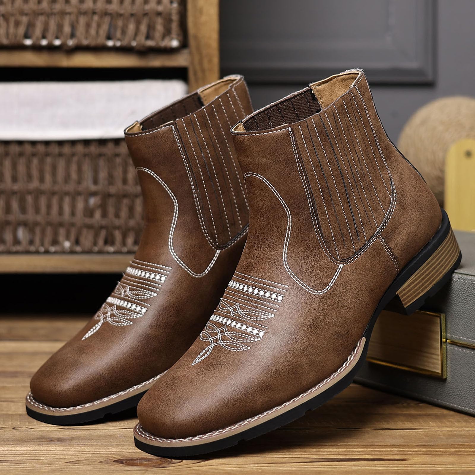 Kowbojskie buty męskie zachodnie skóra PU Chelsea wsuwane okrągłe noski haft retro klasyczny styl ranczo wygodne trwałe moda na co dzień praca