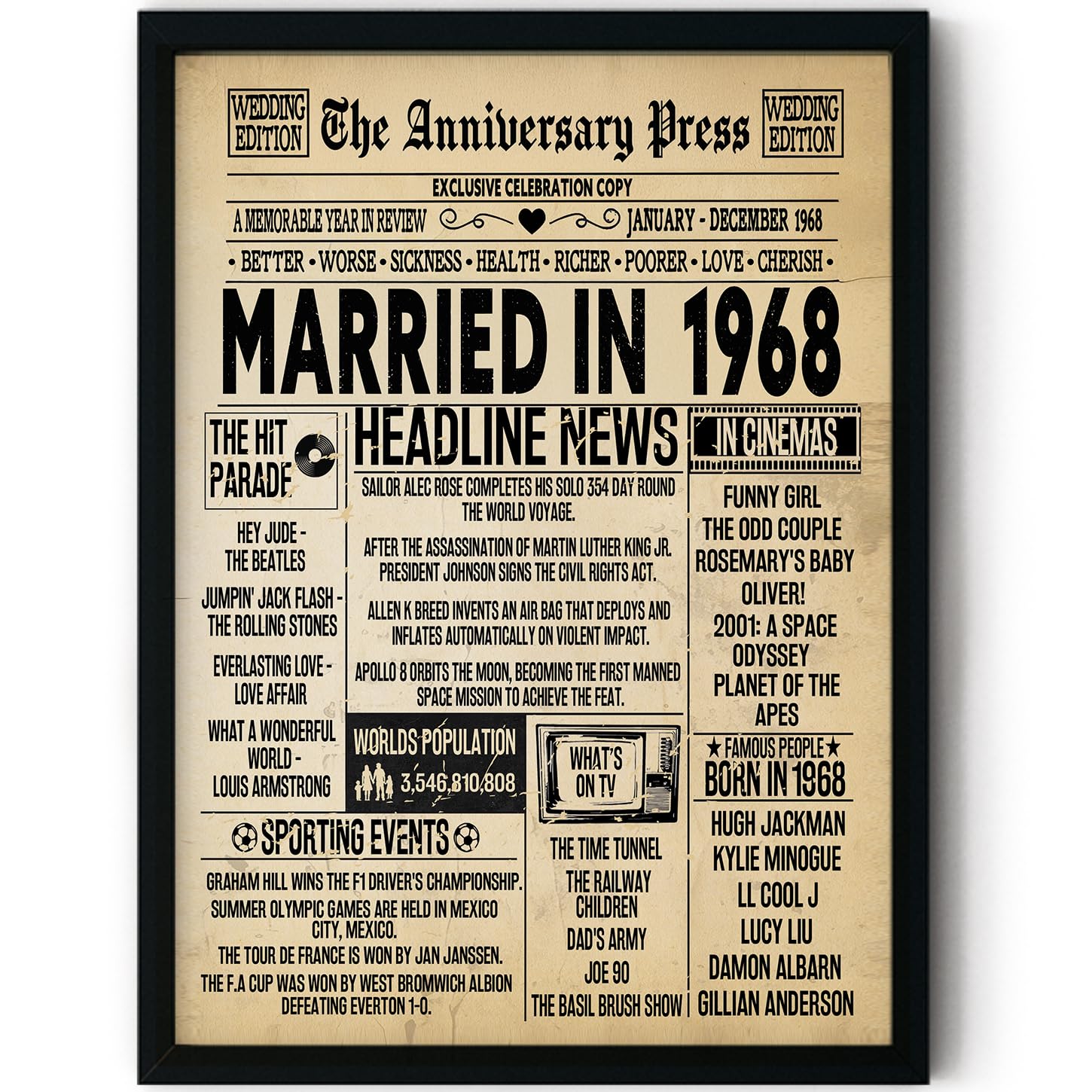 Stuff4 Men's 1968 58Th Anniversary Poster Framed - Married In Newspaper - 58 Wedding Anniversary For Wo Retro Vintage Gifts Back In 8X10 Inch Anniversaries Posters