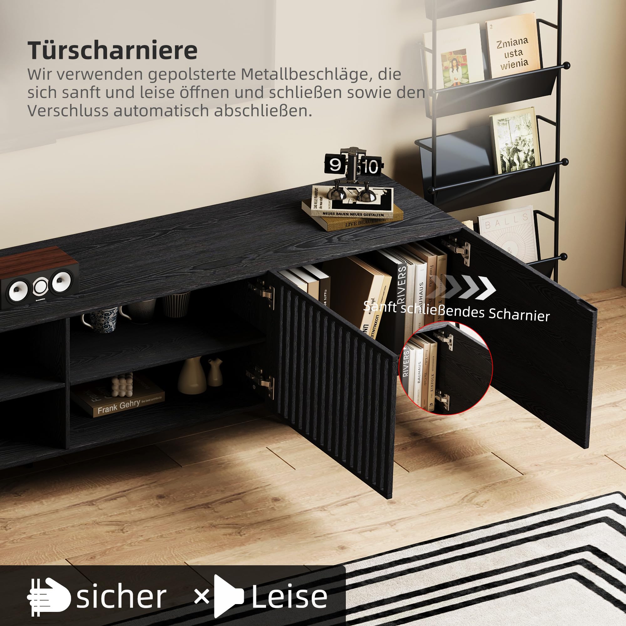 KAANAA TV Schrank 240 cm, Lowboard mit Lamellentüren, Schwarz | 240 cm TV Lowboard, Lamellentüren, großer Stauraum, Holzoptik, für Fernseher bis 75 Zoll, modernes Wohnzimmer Design