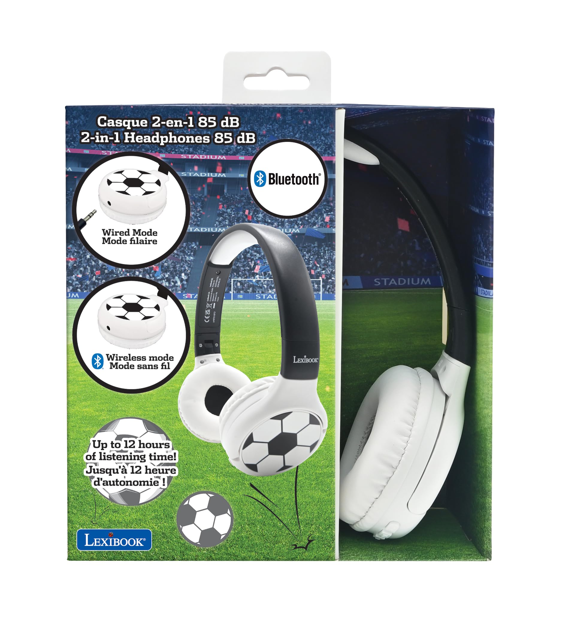 Lexibook - Football - Casque Audio 2-en-1 Bluetooth & Filaire avec Micro et Bouton de contrôle, Pliable et Ajustable, Batterie Rechargeable Longue durée - HPBT010FOLXB