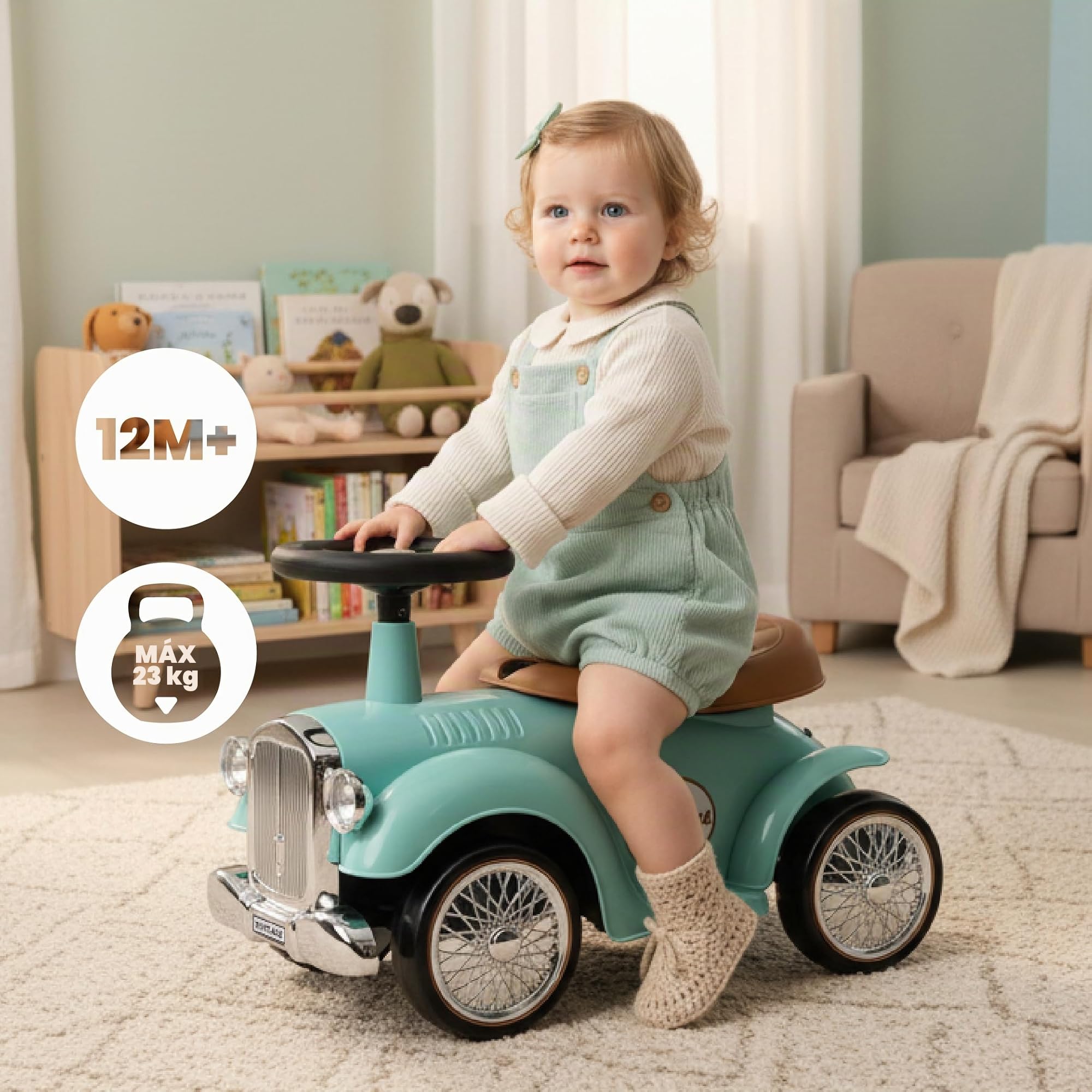 Correpasillos Bebe 1 año Retro Classic, Volante con claxon, Asiento cómodo, Andador Bebes 1 año (Turquesa)