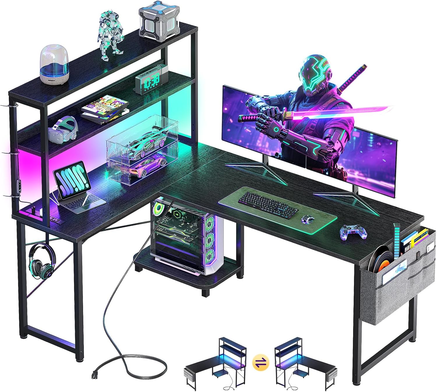 MOTPK L Shaped Gaming Desk with LED Light & Power Outlet, 53 Inch Reversible L Shaped Table with Shelves, Computer Desk with Storage Bag & Hook, Corner Table for Home Office, Black
