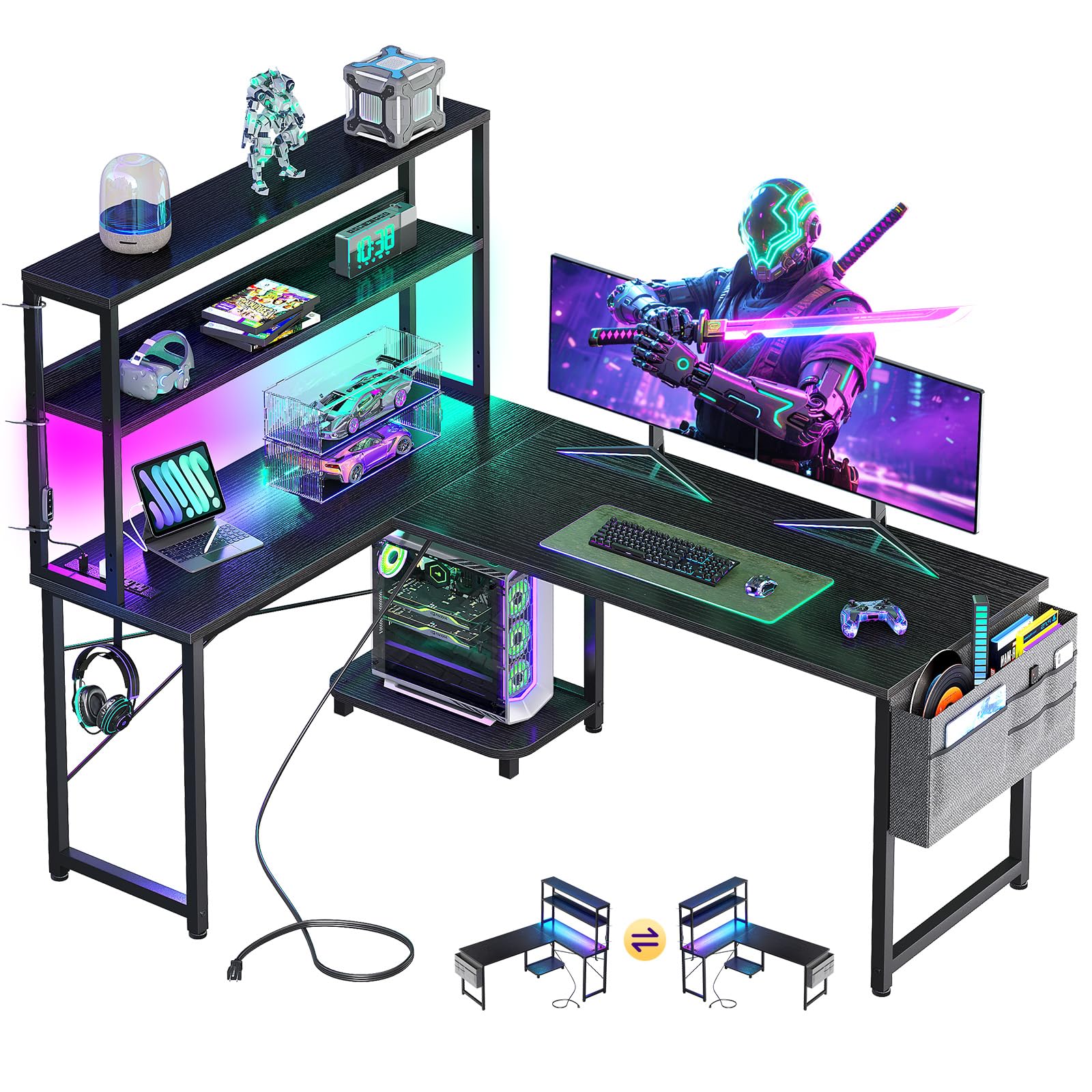MOTPK L Shaped Gaming Desk with LED Light & Power Outlet, 53 Inch Reversible L Shaped Table with Shelves, Computer Desk with Storage Bag & Hook,