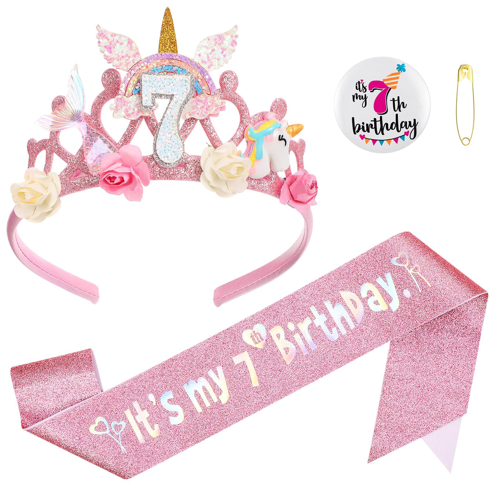 GSrenyu 7th Birthday Decorations for Girls,Headband Glitter Sash and Badge Set for 7 Year Old Girls Birthday Decorations,Flower Princess Crown Headband โ image 1