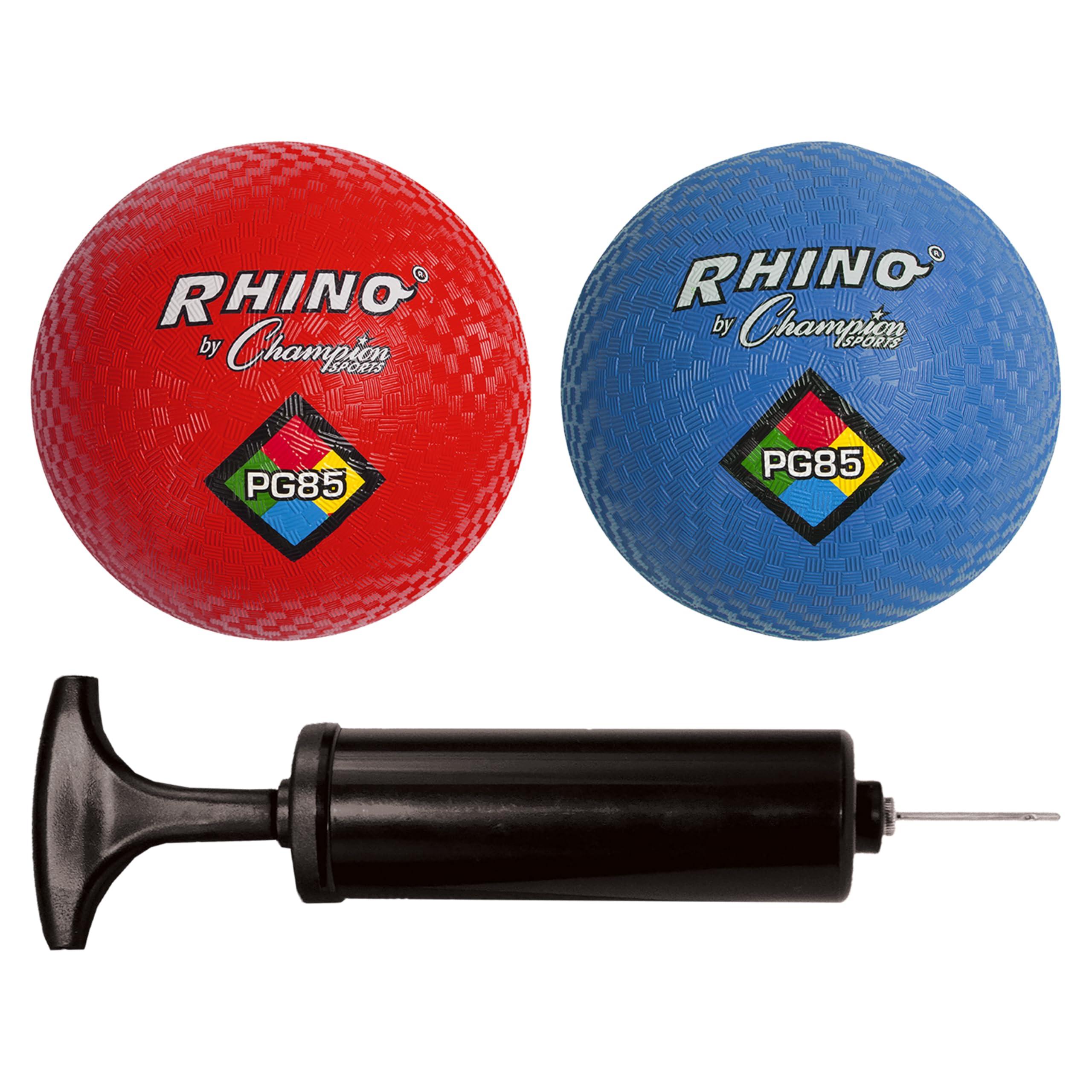 Champion Sports Rhino Spielplatzball, 21,6 cm Durchmesser, zweilagig, mit Nylon umwickelt, mit Pumpe, Rot und Blau, 2 Stück