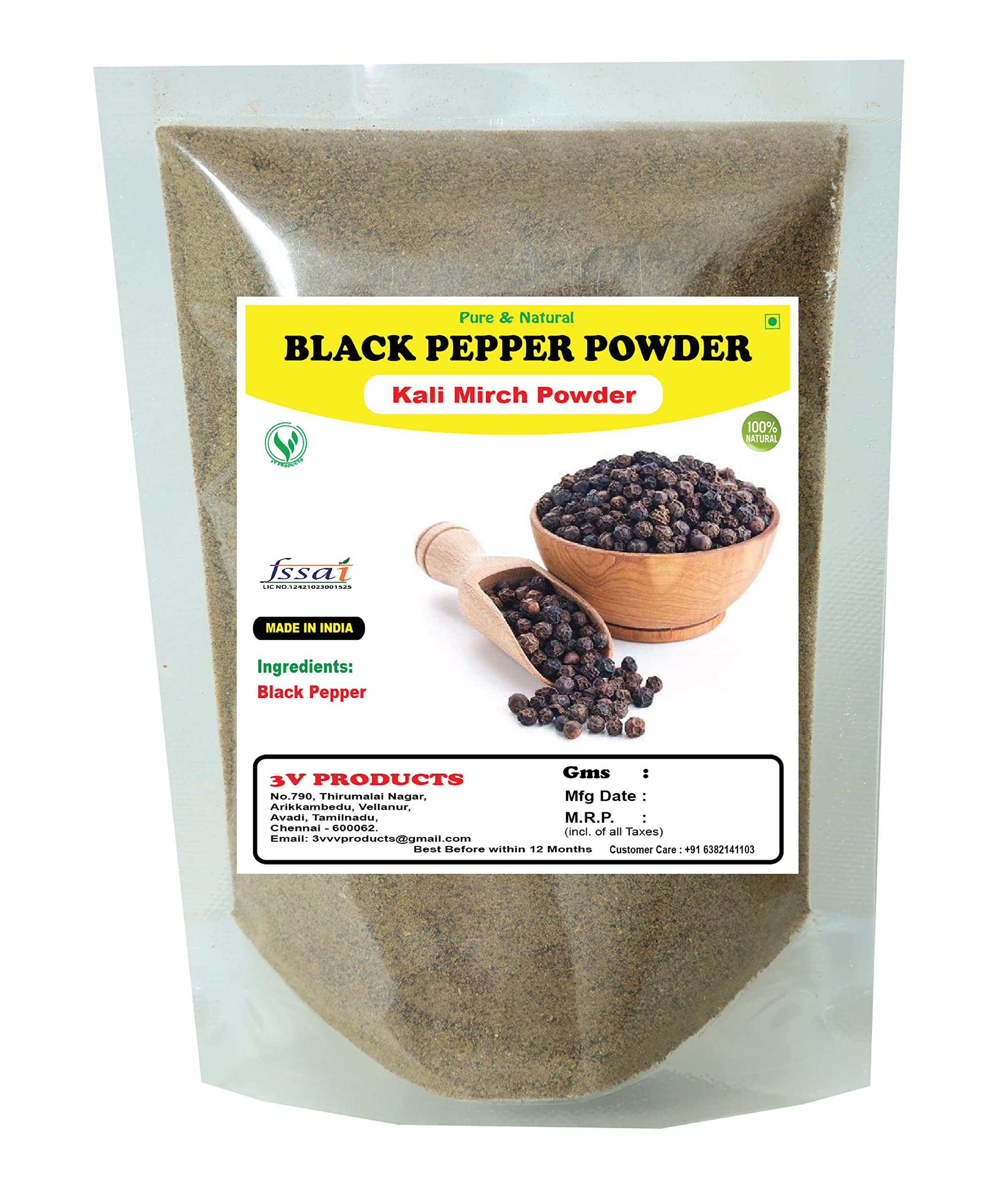 3V PRODUCTSMalabar Black Pepper Powder | Kali Mirch Powder - Pack of 2x50g