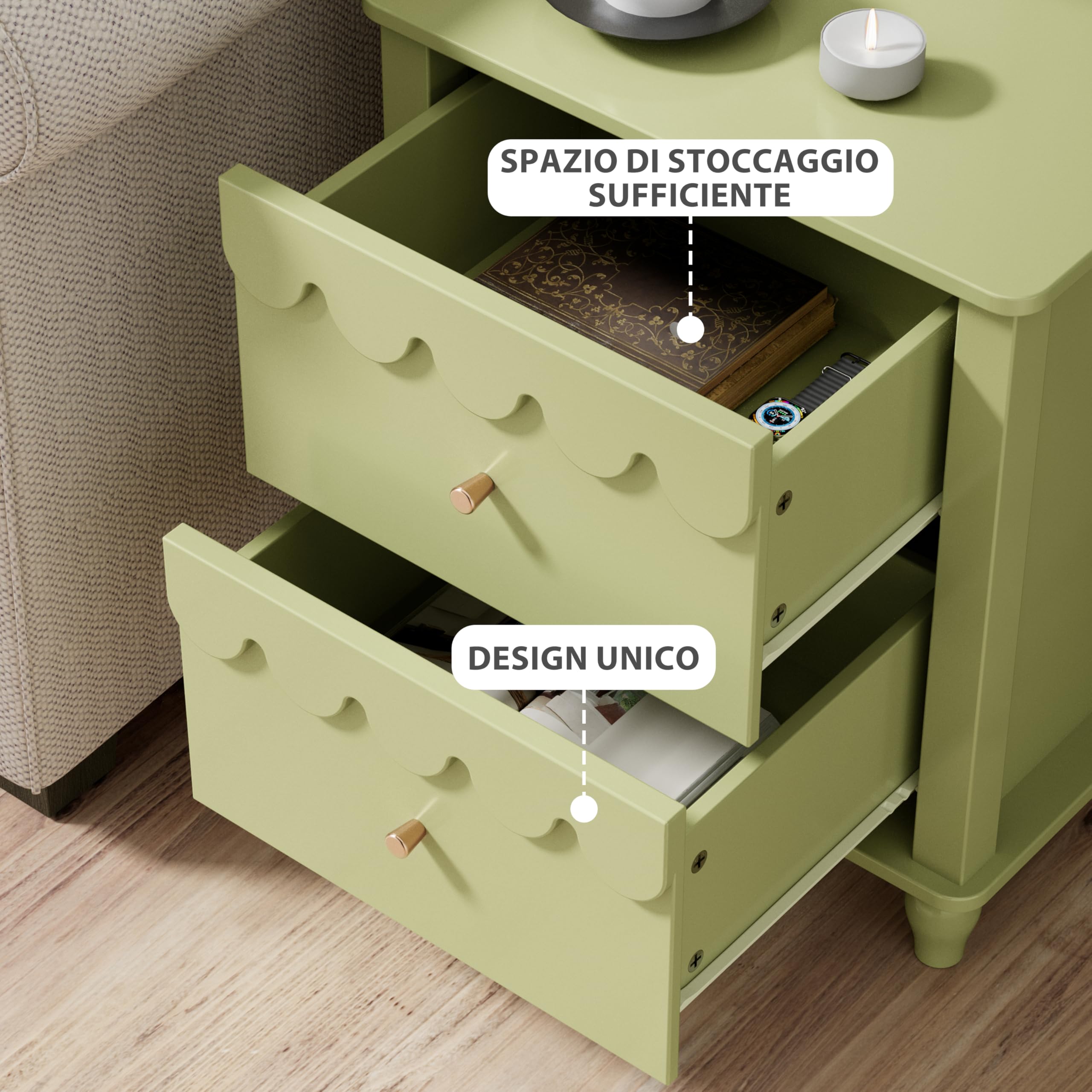 UEV Set di 2 Comodini, Tavolino Laterale con Design a Onde, Tavolino da Divano Colorato, 2 Cassetti Portaoggetti, per Soggiorno, Camera da Letto, Ufficio, 50 x 40 x 60 cm, Verde