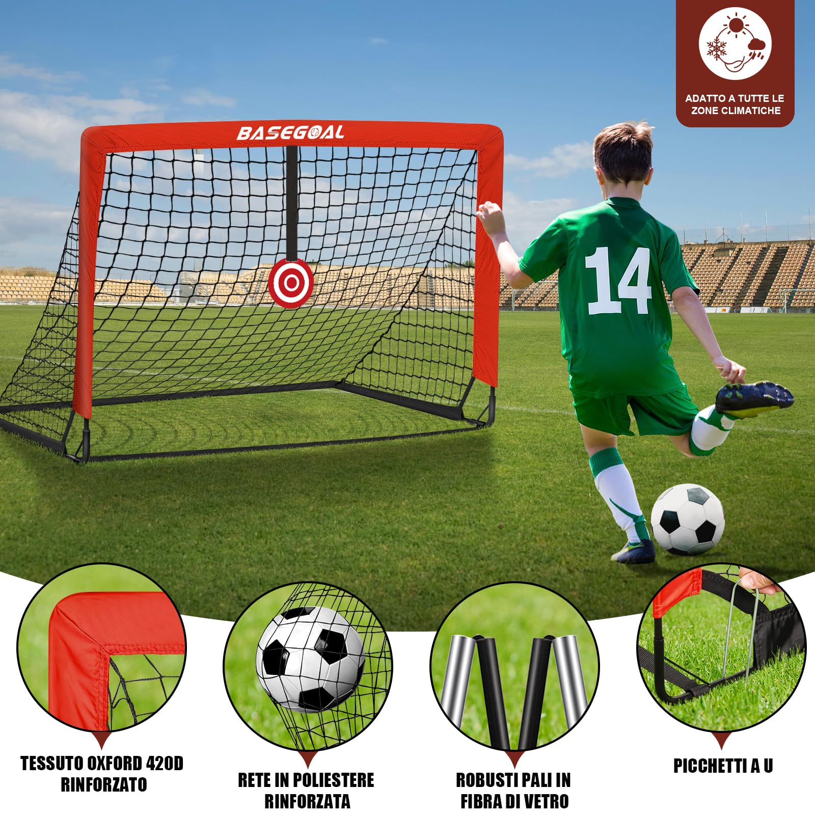 Porte da Calcio per Giardino, Porta da Calcio per 150x120cm, Porticine Da Calcio con Aste In Fibra di Vetro e Reti di Alta Qualità, Bullseye e Borsa per Giardino e Gioco per Interni - 2