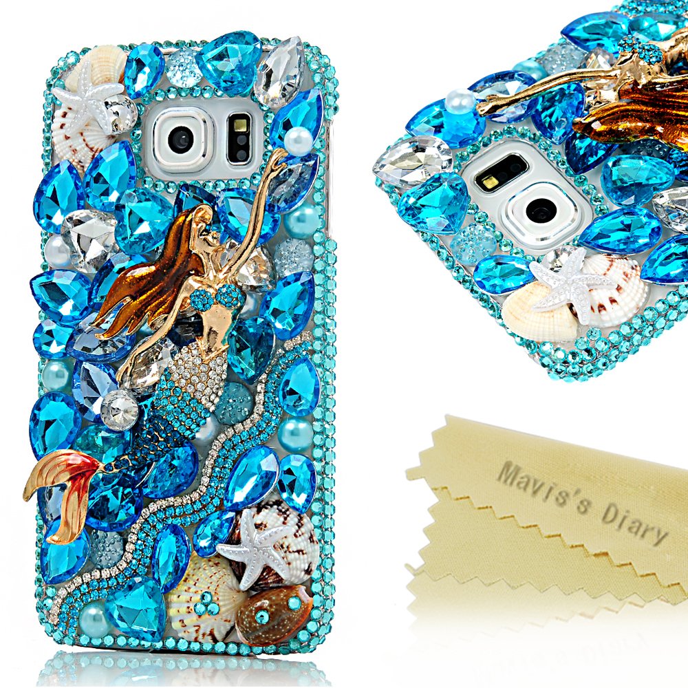 Samsung S6 Case, Galaxy S6 Case - Mavis's Diary 3D Handmade Luxury Shiny Bling Flowers and Hand Bag Design with Sparkle Glitter Diamond Rhinestone Hard Cover Clear Case for Samsung Galaxy S6 SM-G920F with Soft Clean Cloth (Shiny Bling Mermaid Blue Case)