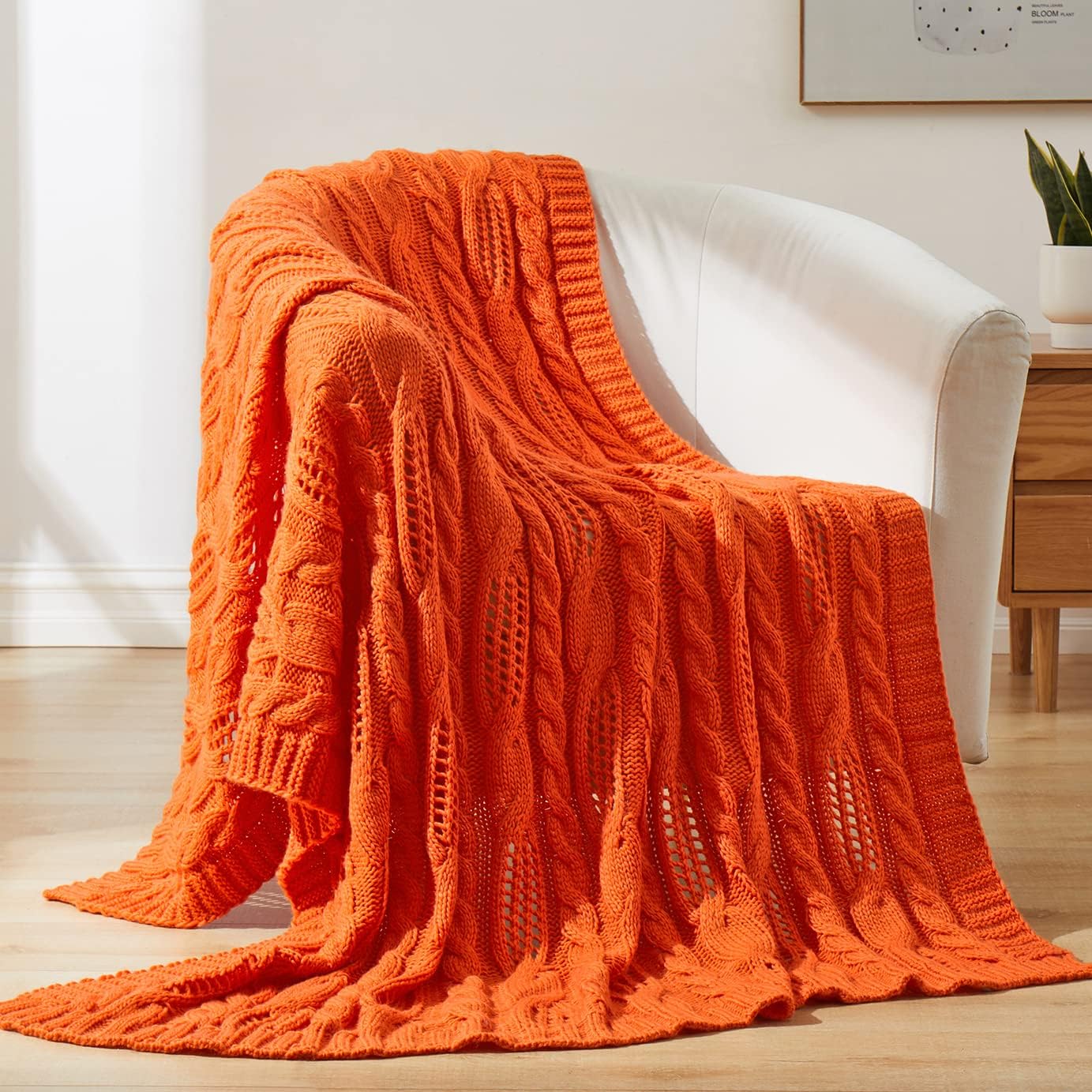 TREELY Orange Knitted Throw Blanket for Couch,Soft Cozy