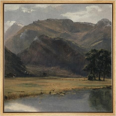 Framed Canvas Print Wall Art Serene Mountain Valley- 16"x16" Natural