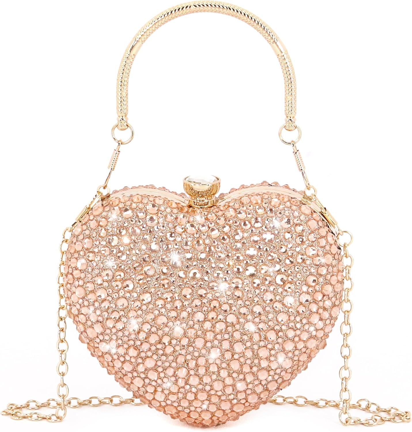 Womens Elegant Heart Type Evening Bag Shiny Rhinestone Clutch Purse Party Wedding Prom Handbag Chain Shoulder Bag