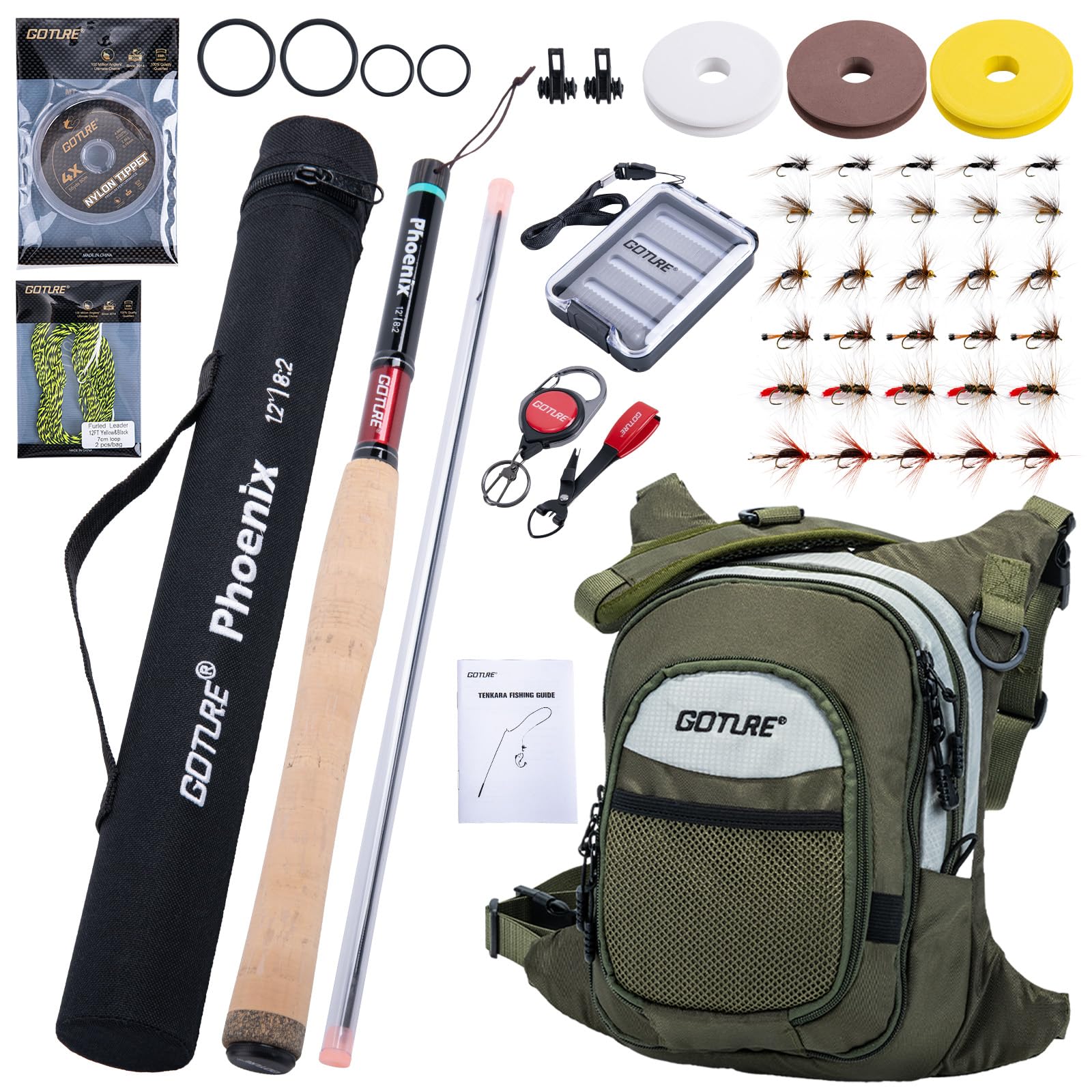 Goture 12ft 3.6m Tenkara Rod with Fly Fishing Chest Bag & Spare Tip Section, Complete Beginner Tenkara Fishing Kit, 8:2 MF-Action 24T+30T Carbon Fiber, Cork Handle, Ideal for Travel Hiking Camping