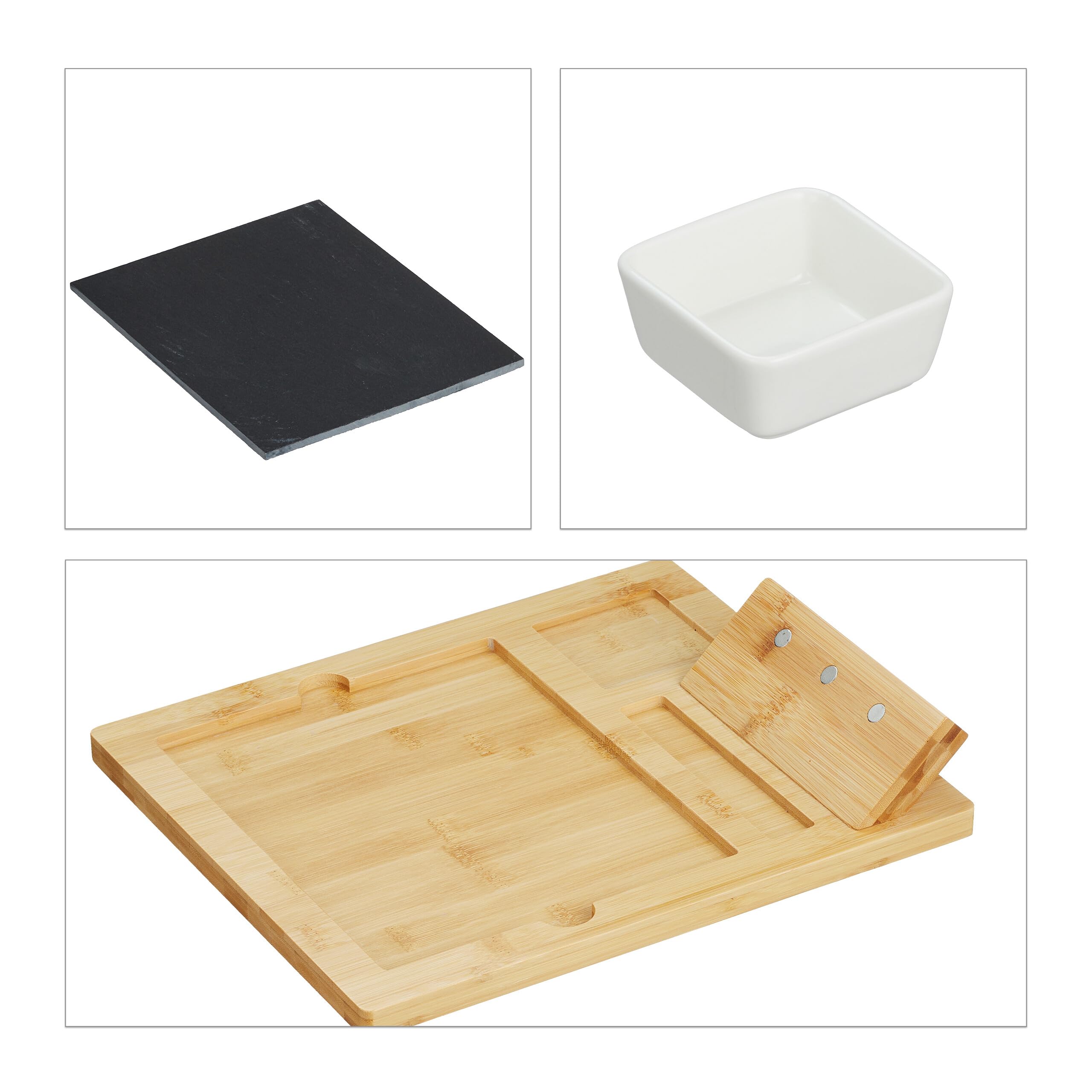 Relaxdays Set da Tavola, Vassoio in bambù e 3 Posate Formaggio, Piatto Rettangolare Tagliere per Aperitivo, Marrone Nero