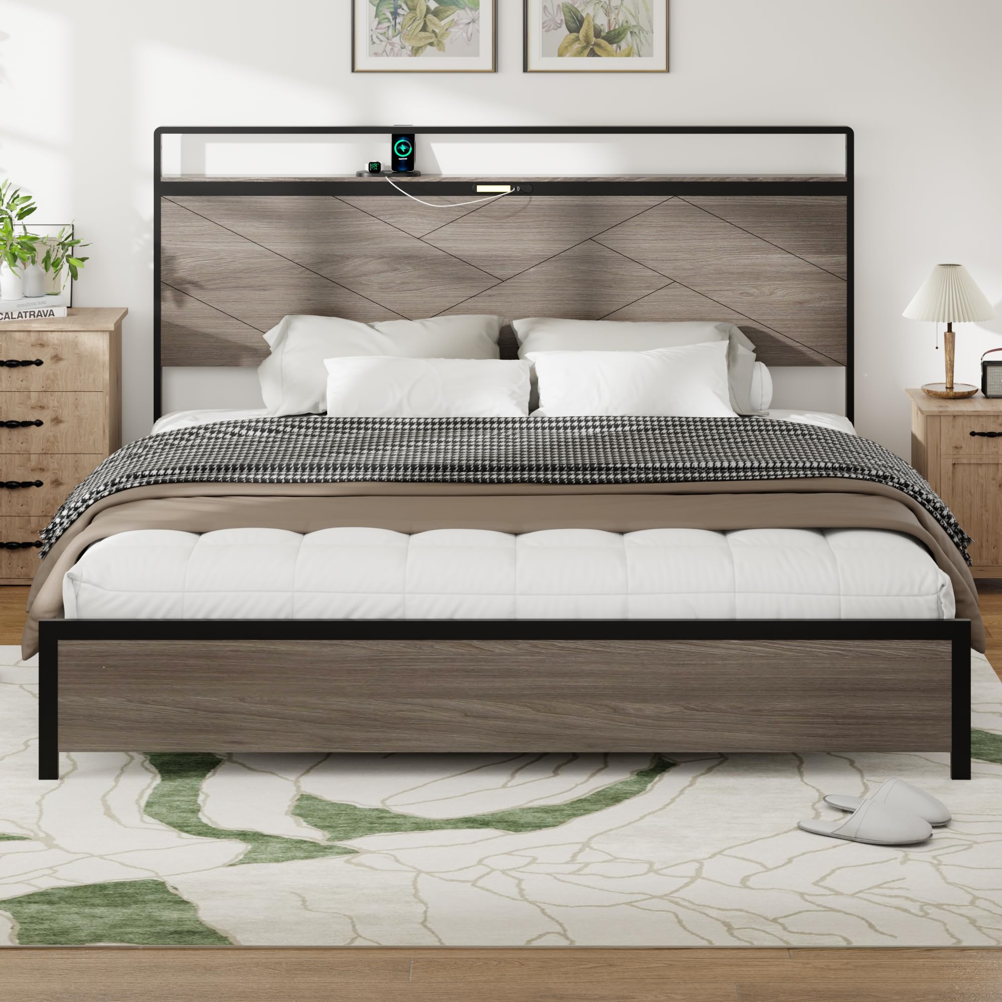 King Size Metal Bed Frame with Storage Headboard Modern Platform Beds Frames with LED light and 2 USB