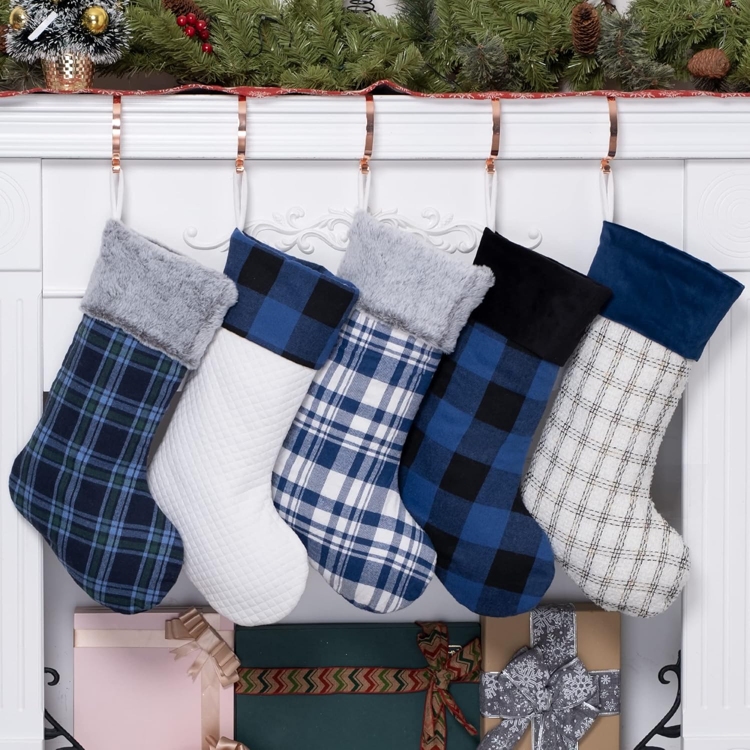 BHD BEAUTY Blue Plaid Christmas Stockings Set 5 Xmas Stockings Decoration 20" Large Fireplace Hanging Stockings for Family Holiday Christmas Party