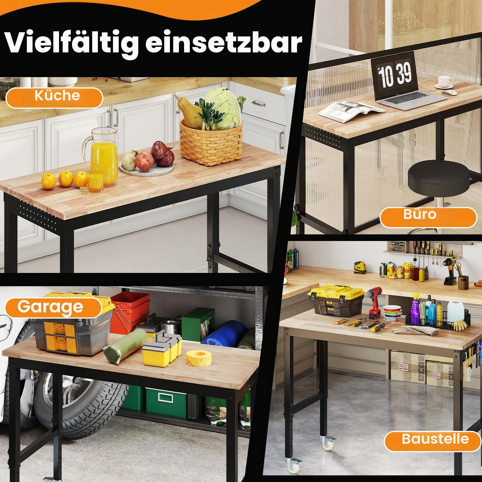 FANTASK Werkbank mit Rollen, Arbeitstisch höhenverstellbar von 74 – 104 cm, Garagentisch bis 1100 kg mit 2 Lochplatten & Metallrahmen, Gummi Holz Werkzeugtisch für Garage Büro