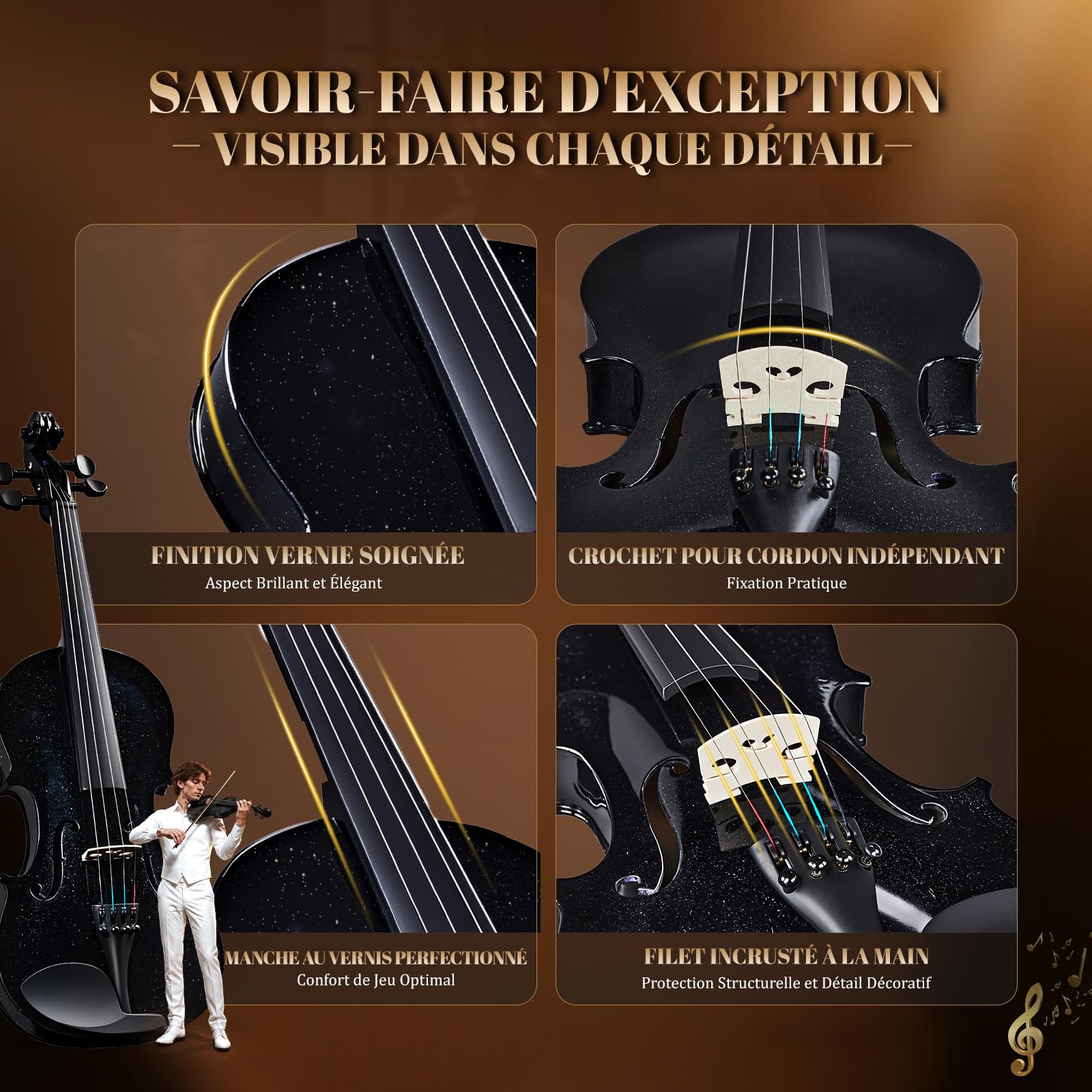 Bonnlo Violino per Bambini e Principianti, Misure 1/4, 1/2, 3/4 e 4/4, Violino in Legno Compensato di Tiglio con Acro in Legno Rosso, Astuccio, Colofonia e Mentoniera, 4/4, Nero Stellare